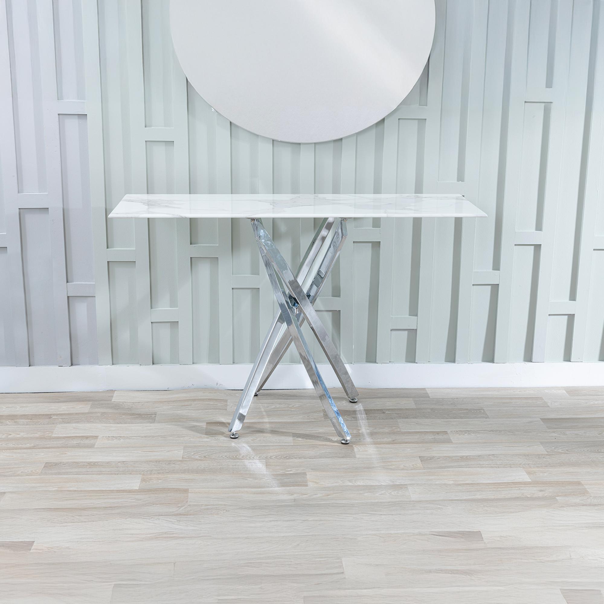 Product photograph of Chopstick White Glass Console Table With Chrome Metal Chopstick Legs from Choice Furniture Superstore.