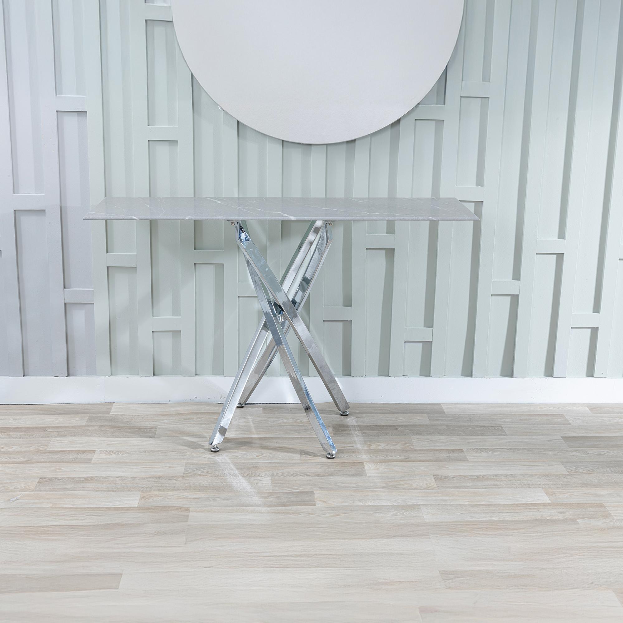 Product photograph of Chopstick Grey Glass Console Table With Chrome Metal Chopstick Legs from Choice Furniture Superstore.