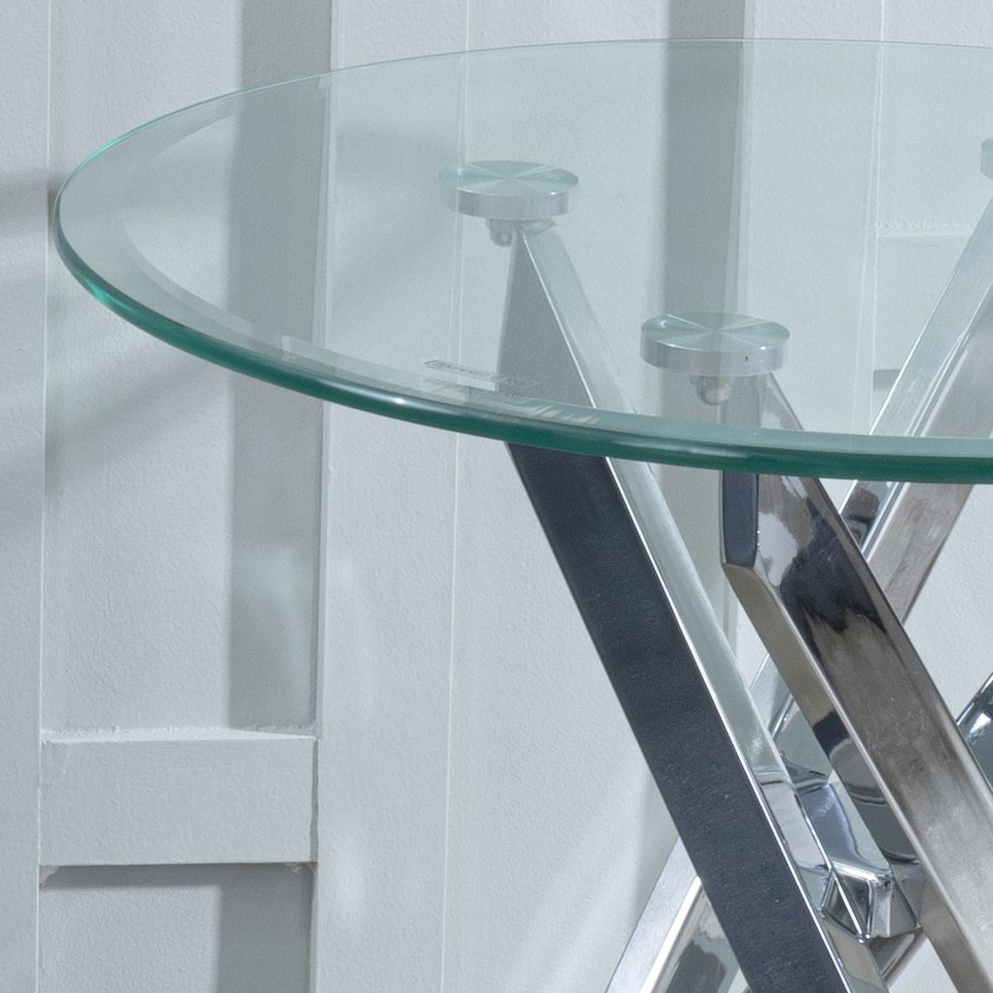 Product photograph of Chopstick Clear Glass Round Side Table With Chrome Metal Chopstick Legs from Choice Furniture Superstore.