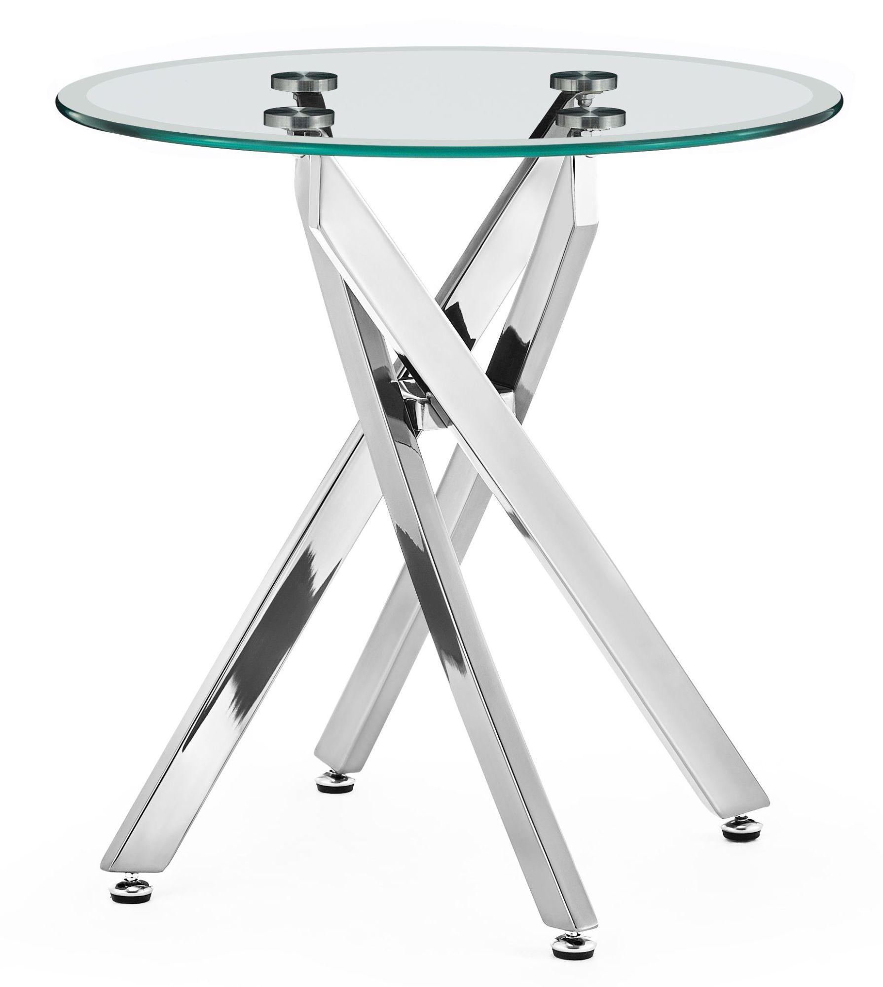 Product photograph of Chopstick Clear Glass Round Side Table With Chrome Metal Chopstick Legs from Choice Furniture Superstore.