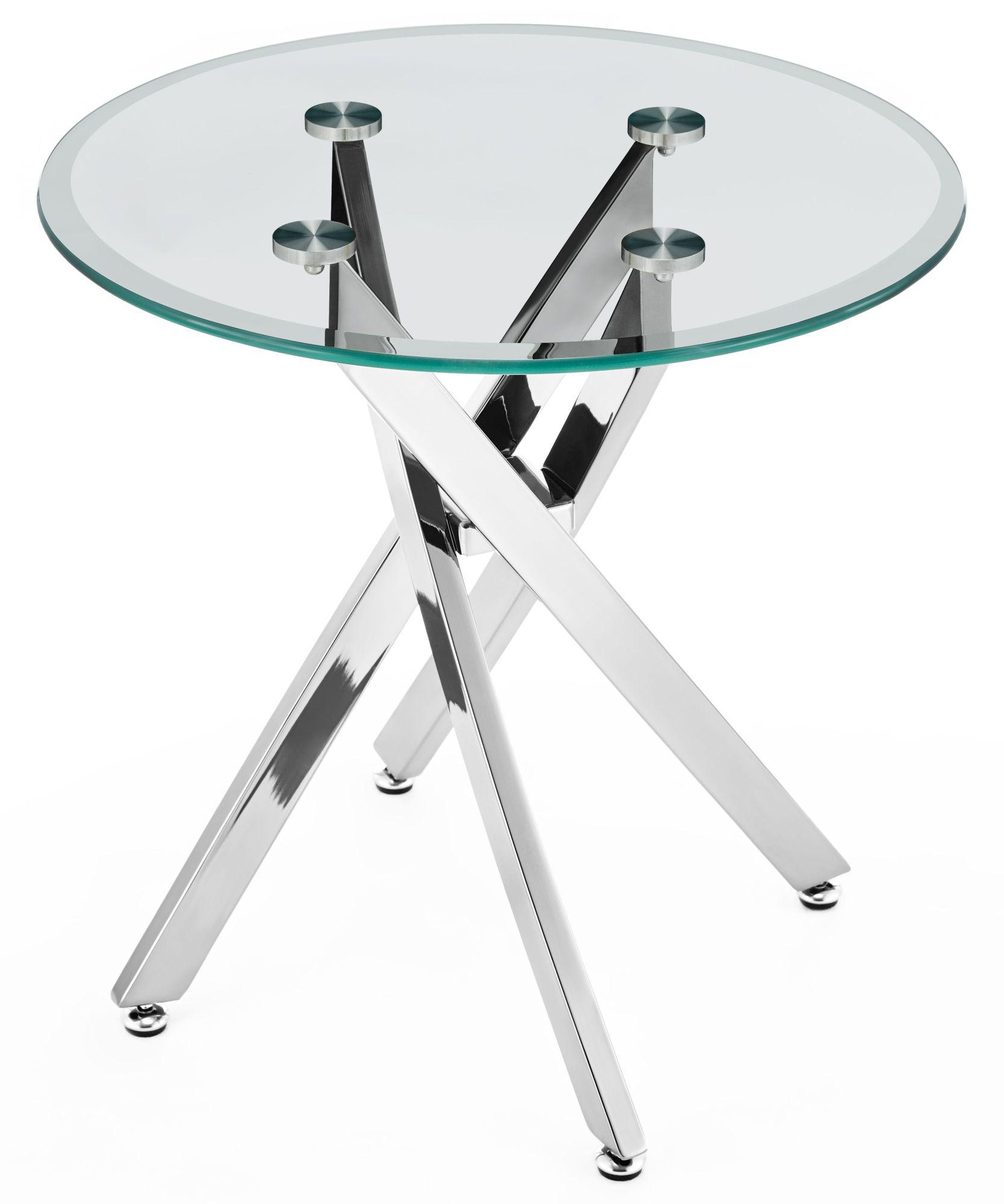 Product photograph of Chopstick Clear Glass Round Side Table With Chrome Metal Chopstick Legs from Choice Furniture Superstore.