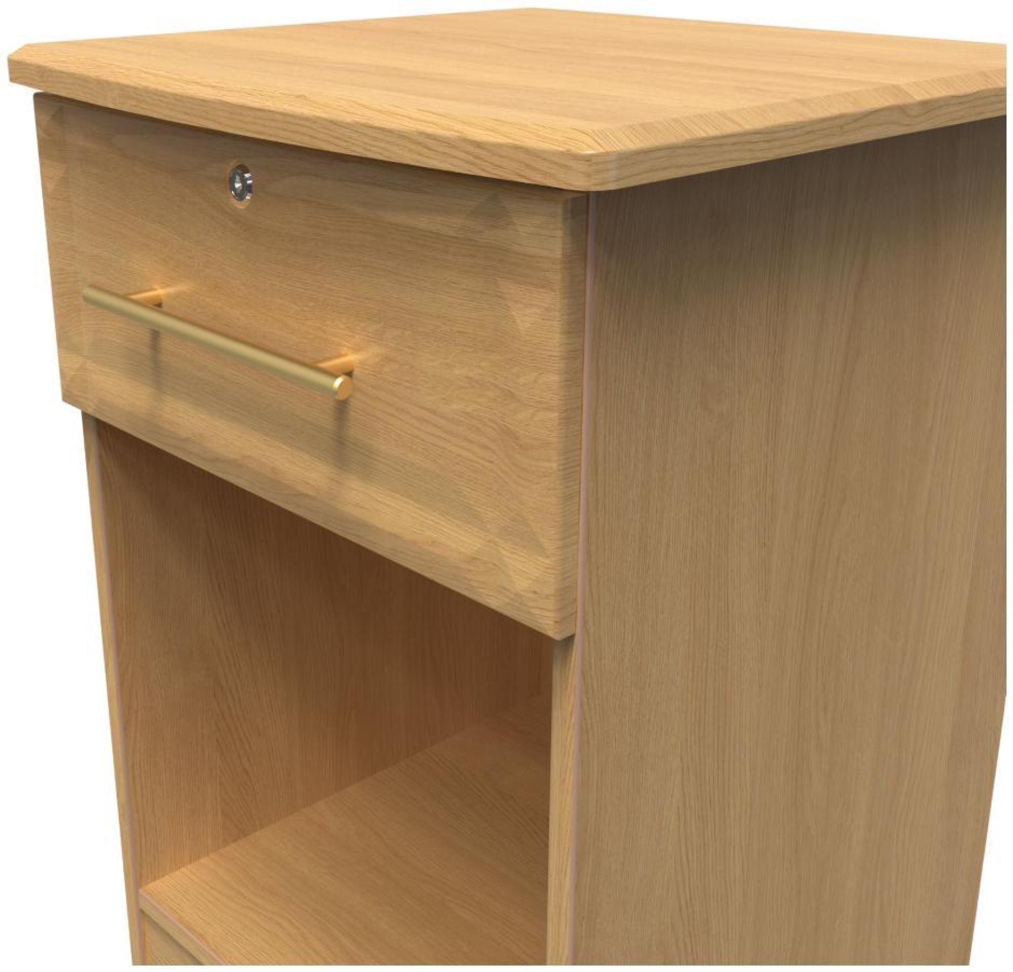 Product photograph of Faye Oak Effect 1 Drawer Bedside Table With Lock from Choice Furniture Superstore.