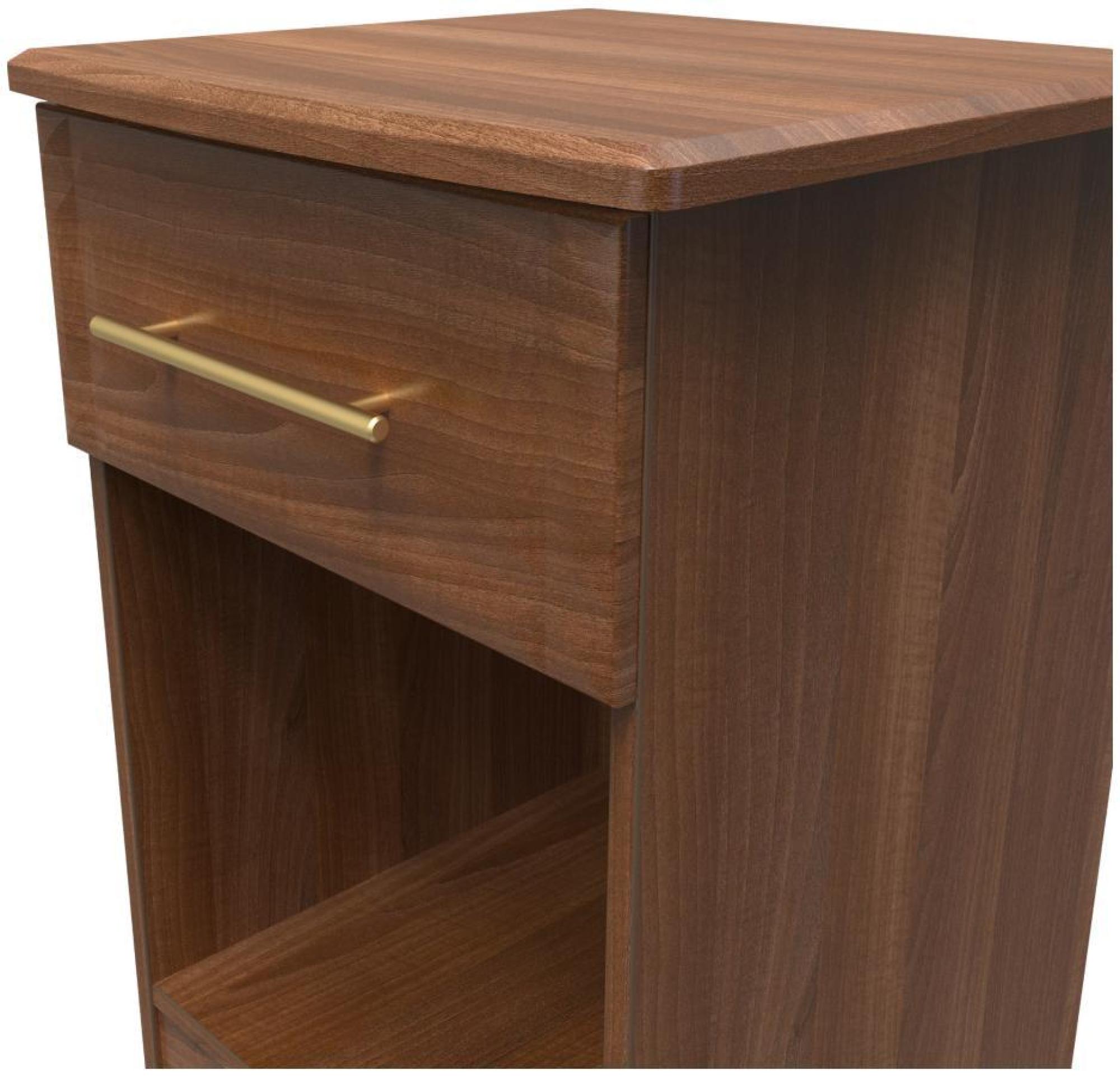 Product photograph of Faye Walnut Effect 1 Drawer Bedside Cabinet from Choice Furniture Superstore.