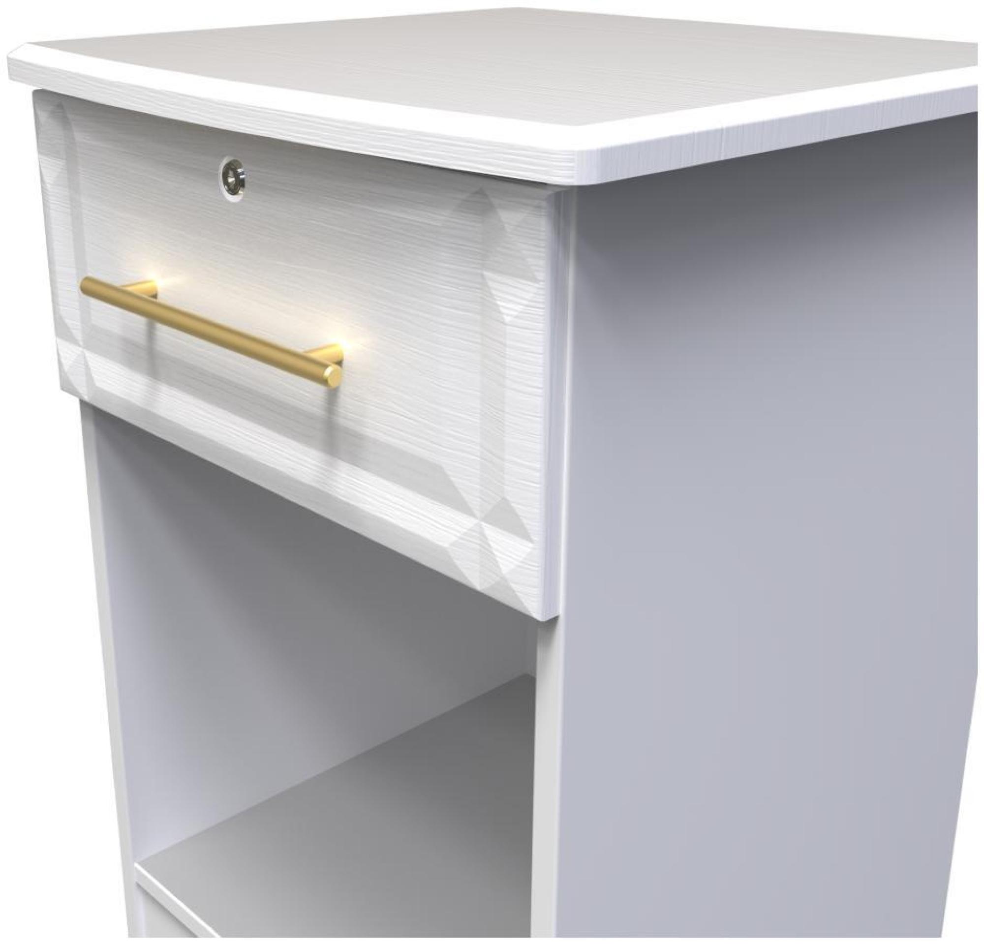 Product photograph of Faye White Ash 1 Drawer Bedside Table With Lock from Choice Furniture Superstore.