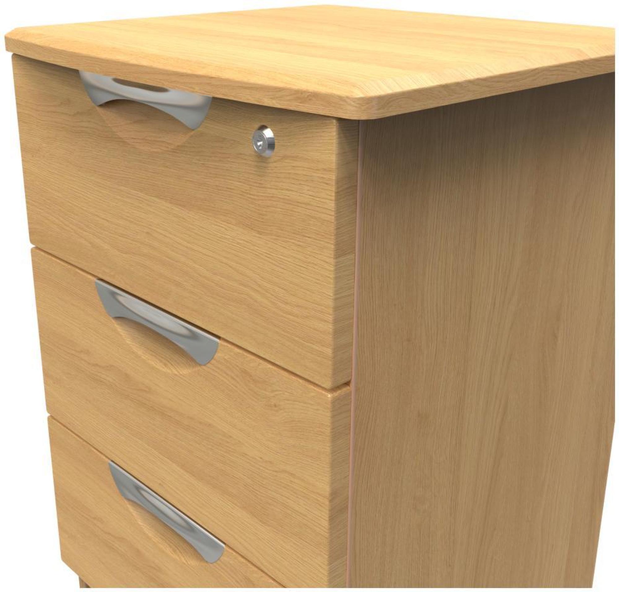 Product photograph of Flora Oak Effect 3 Drawer Bedside Cabinet With Lock from Choice Furniture Superstore.