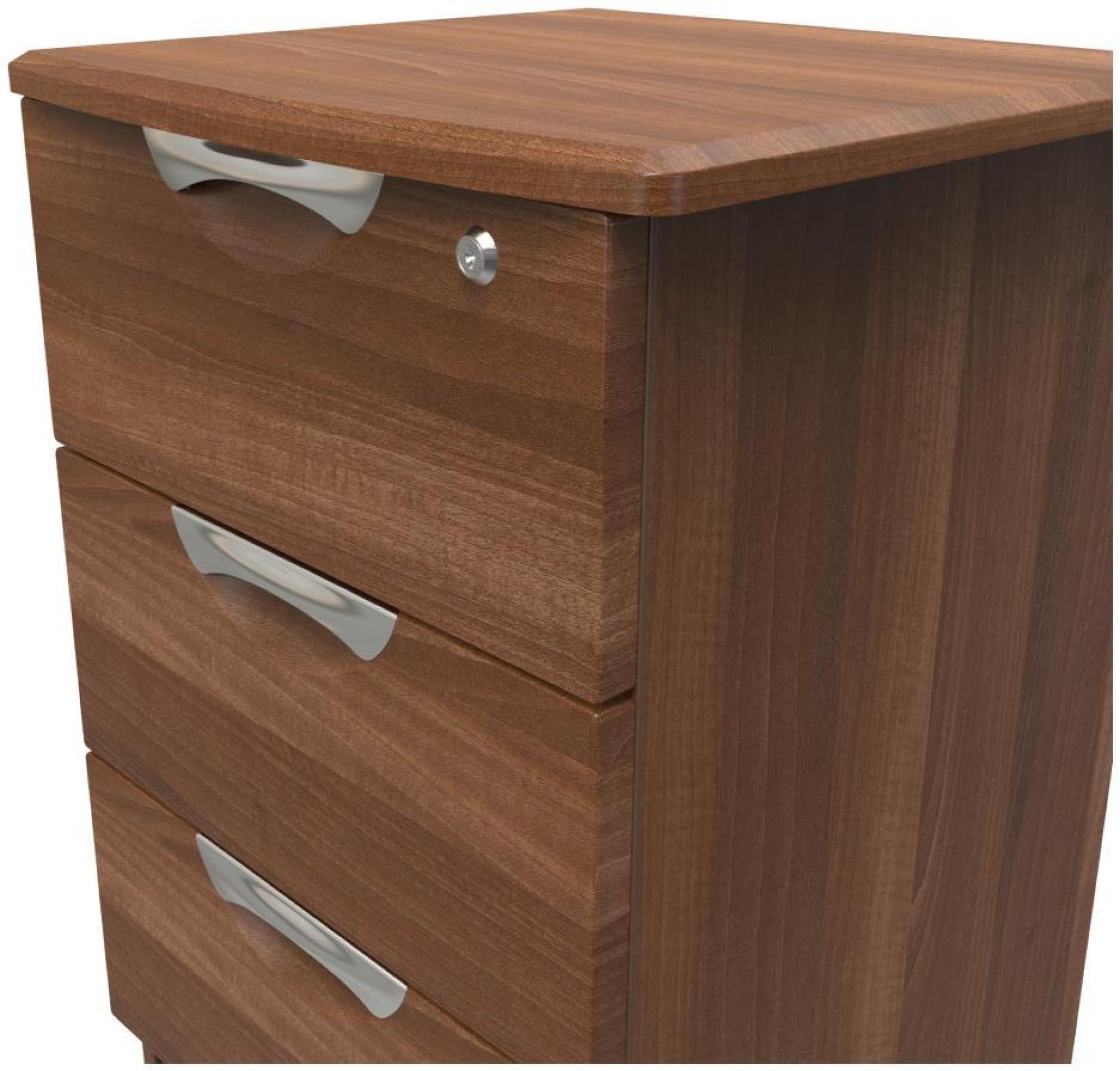 Product photograph of Flora Walnut Effect 3 Drawer Bedside Cabinet With Lock from Choice Furniture Superstore.