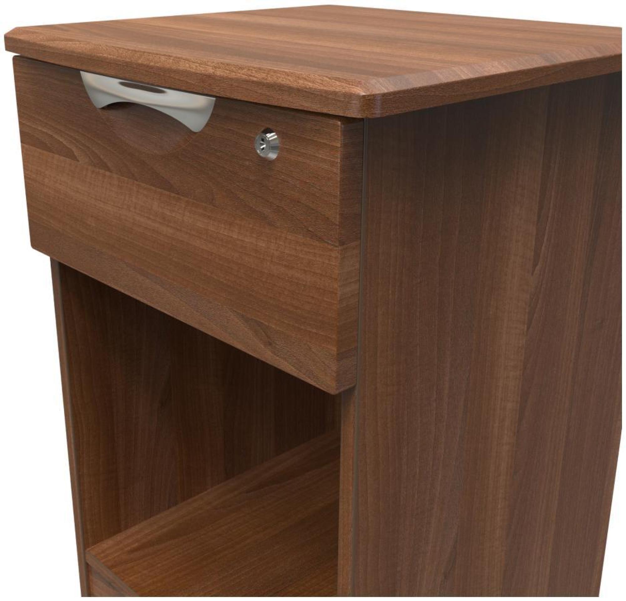 Product photograph of Flora Walnut Effect 1 Drawer Bedside Table With Lock from Choice Furniture Superstore.