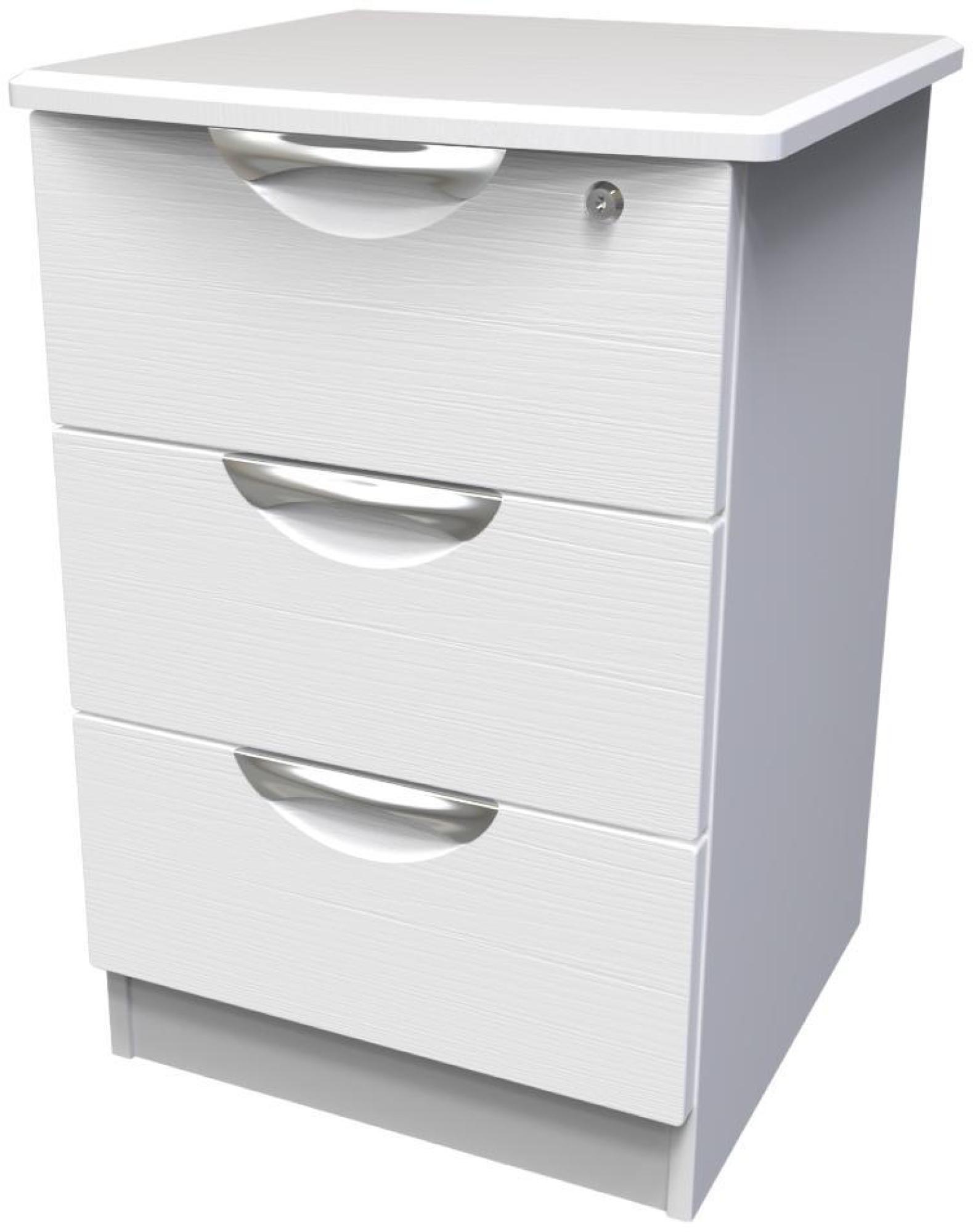 Product photograph of Flora White 3 Drawer Bedside Cabinet With Lock from Choice Furniture Superstore.