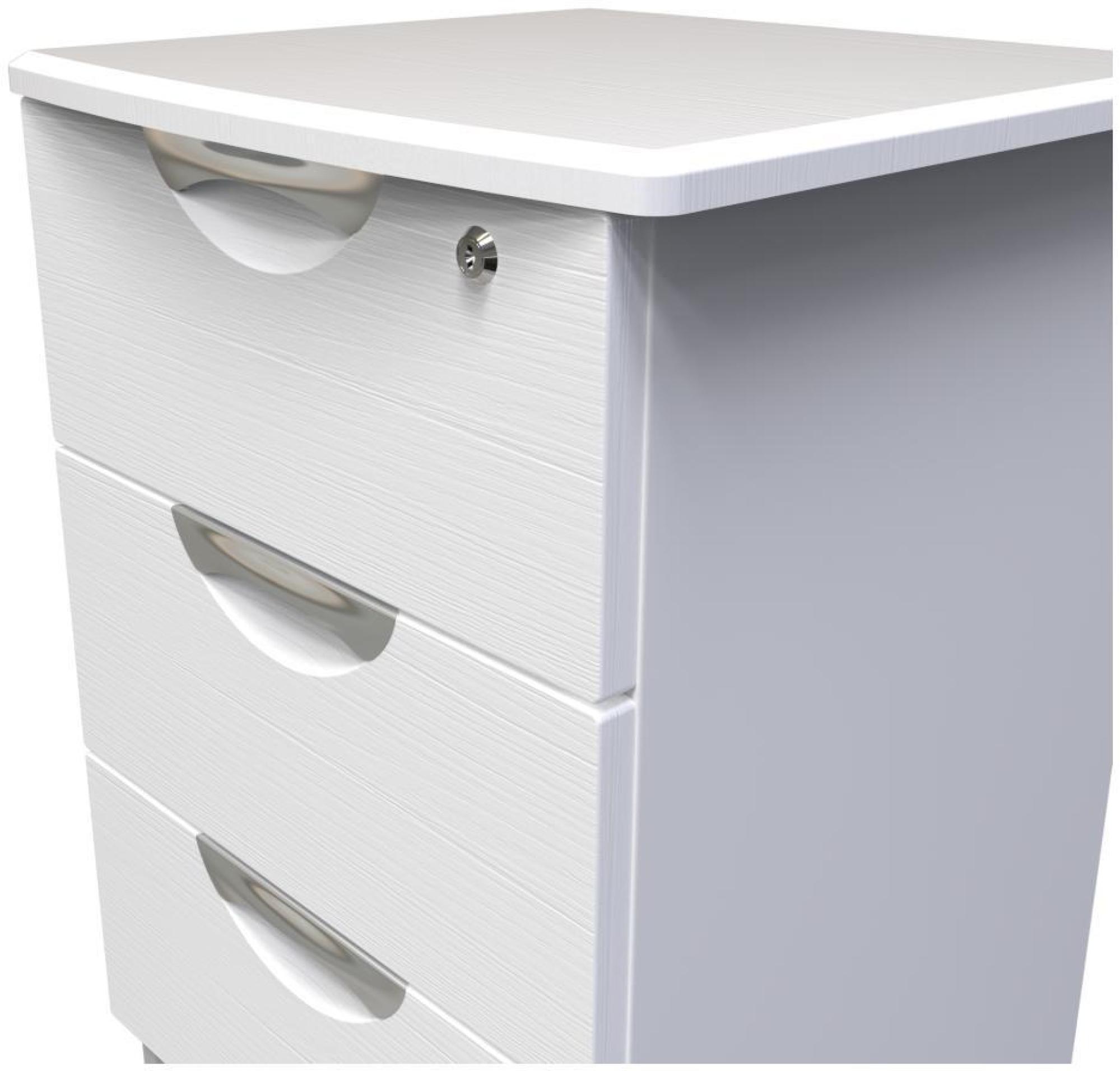 Product photograph of Flora White 3 Drawer Bedside Cabinet With Lock from Choice Furniture Superstore.