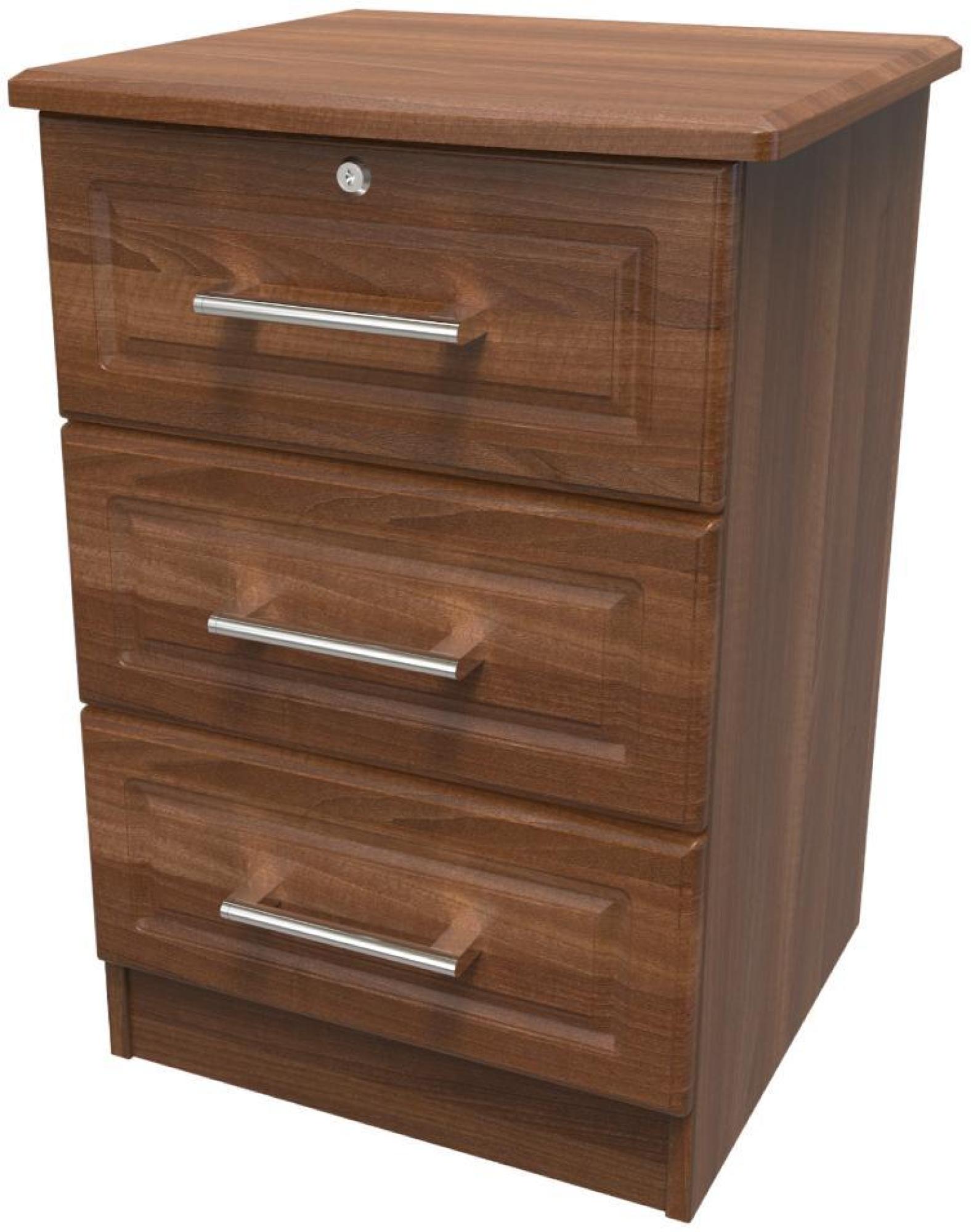 Product photograph of Gina Walnut Effect 3 Drawer Bedside Cabinet With Lock from Choice Furniture Superstore.