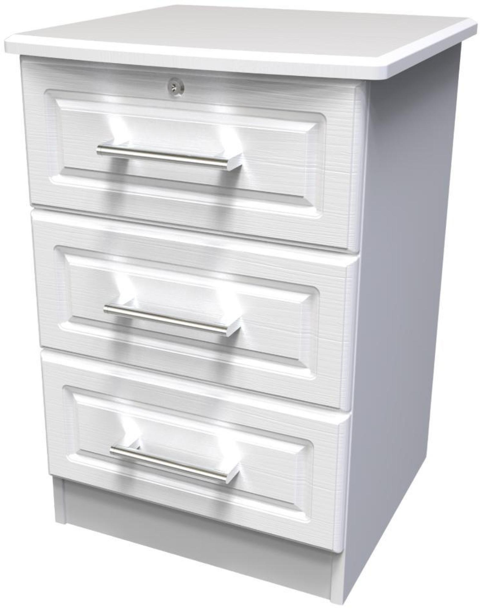 Product photograph of Gina White 3 Drawer Bedside Cabinet With Lock from Choice Furniture Superstore.