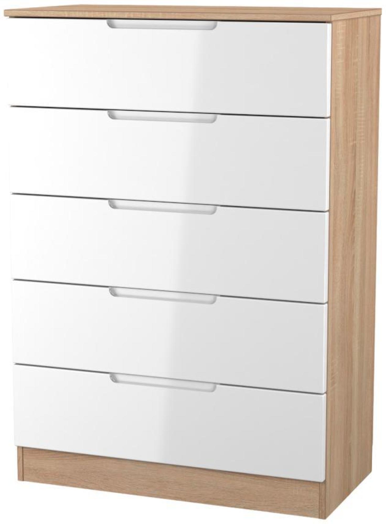 Product photograph of Milan White Gloss And Oak Effect 5 Drawer Chest from Choice Furniture Superstore.