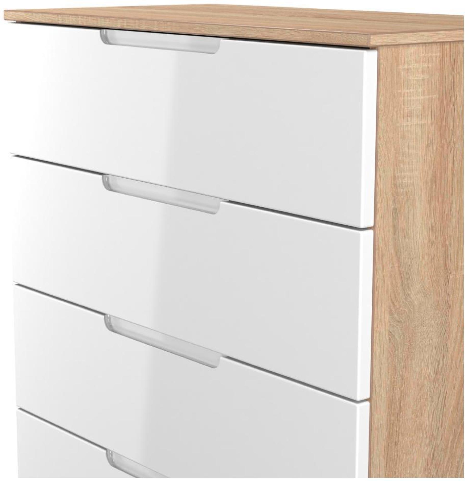 Product photograph of Milan White Gloss And Oak Effect 5 Drawer Chest from Choice Furniture Superstore.