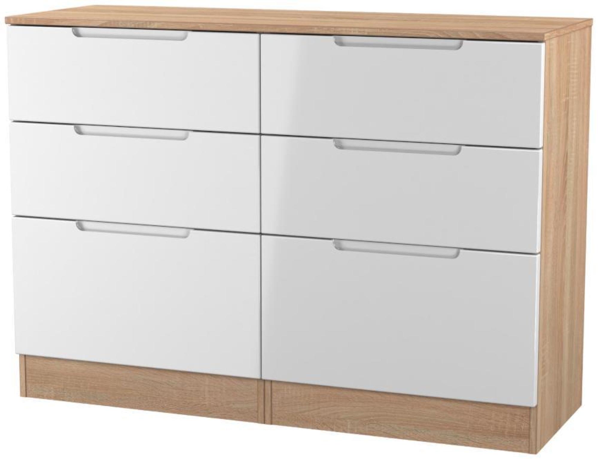 Product photograph of Milan White Gloss And Oak Effect 6 Drawer Midi Chest from Choice Furniture Superstore.