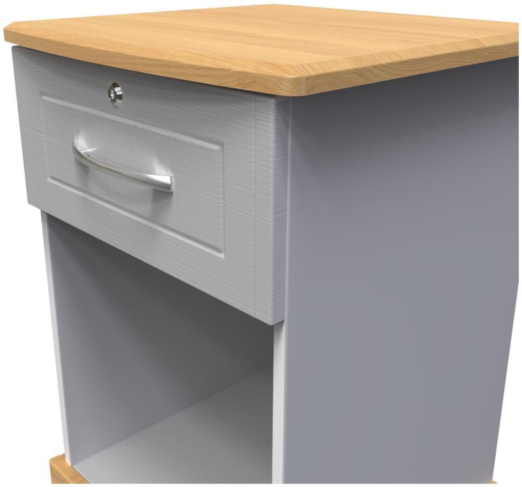 Product photograph of Whitney Oak Effect And Grey 1 Drawer Bedside Table With Lock from Choice Furniture Superstore.