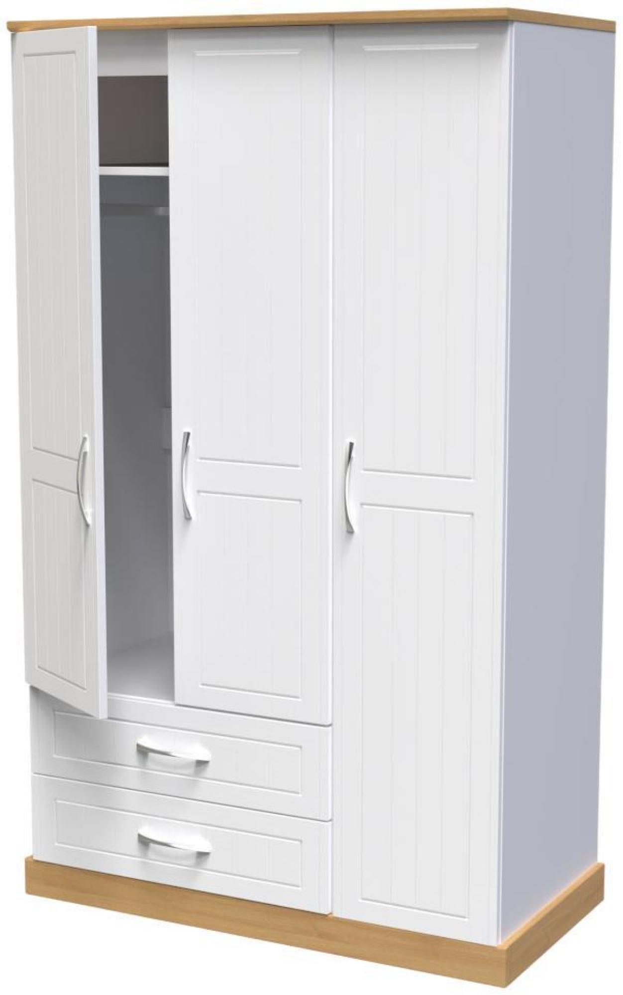 Product photograph of Whitney Oak Effect And White 3 Door Triple Wardrobe - Lhf 2 Drawers from Choice Furniture Superstore.