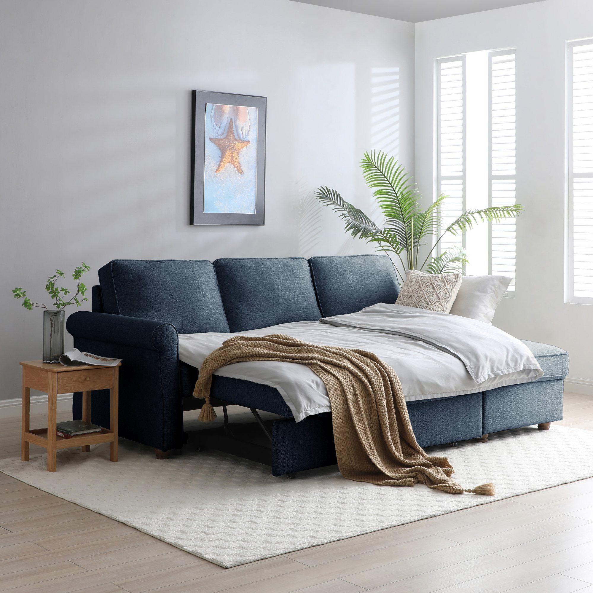 Product photograph of Arthur Navy Blue Fabric Corner Pull Out Sofa Bed With Storage from Choice Furniture Superstore.