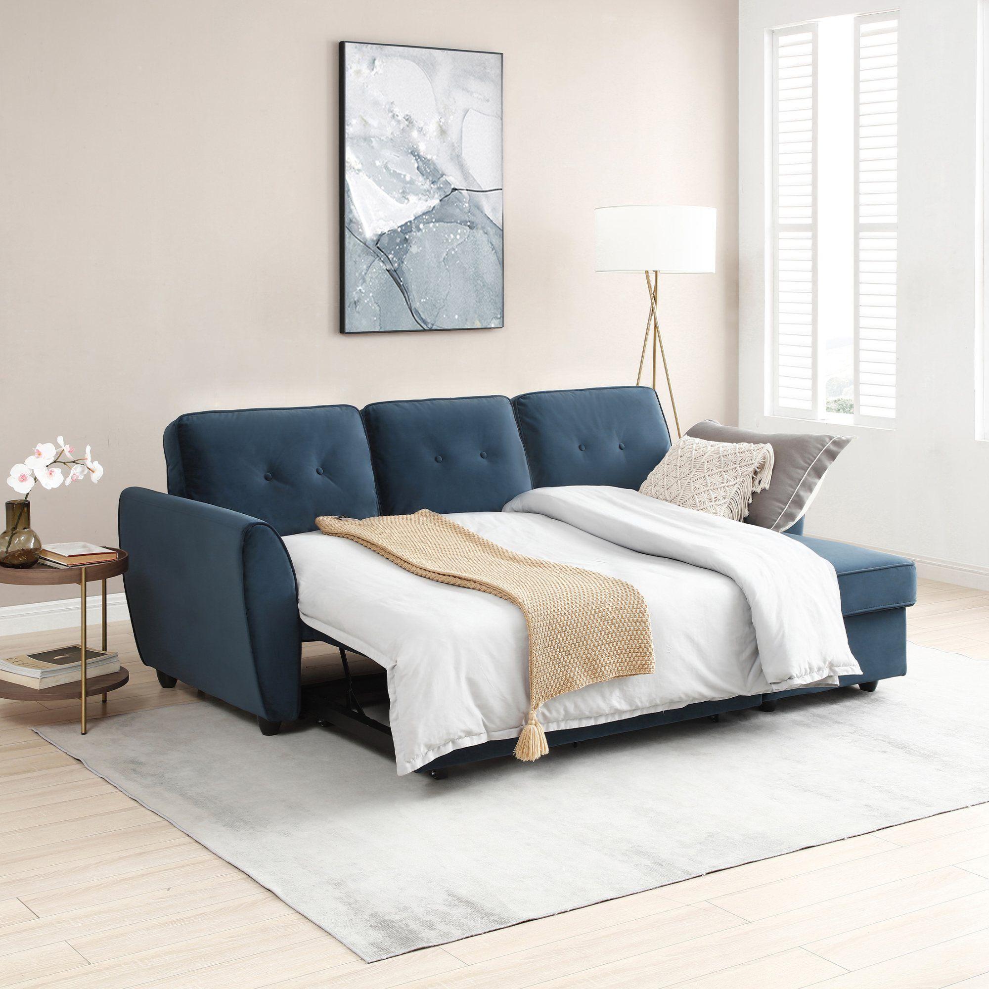 Product photograph of Willow Ink Blue Velvet Fabric Corner Pull Out Sofa Bed With Storage from Choice Furniture Superstore.