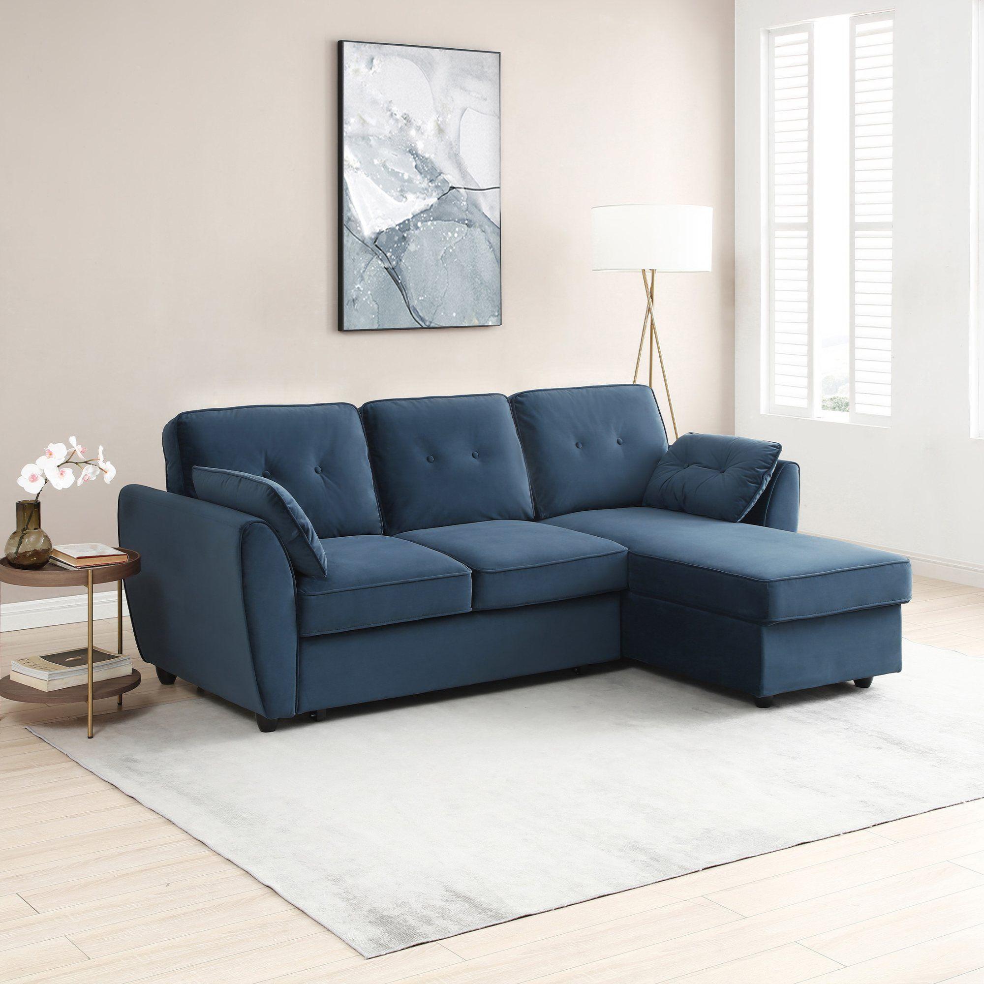 Product photograph of Willow Ink Blue Velvet Fabric Corner Pull Out Sofa Bed With Storage from Choice Furniture Superstore.