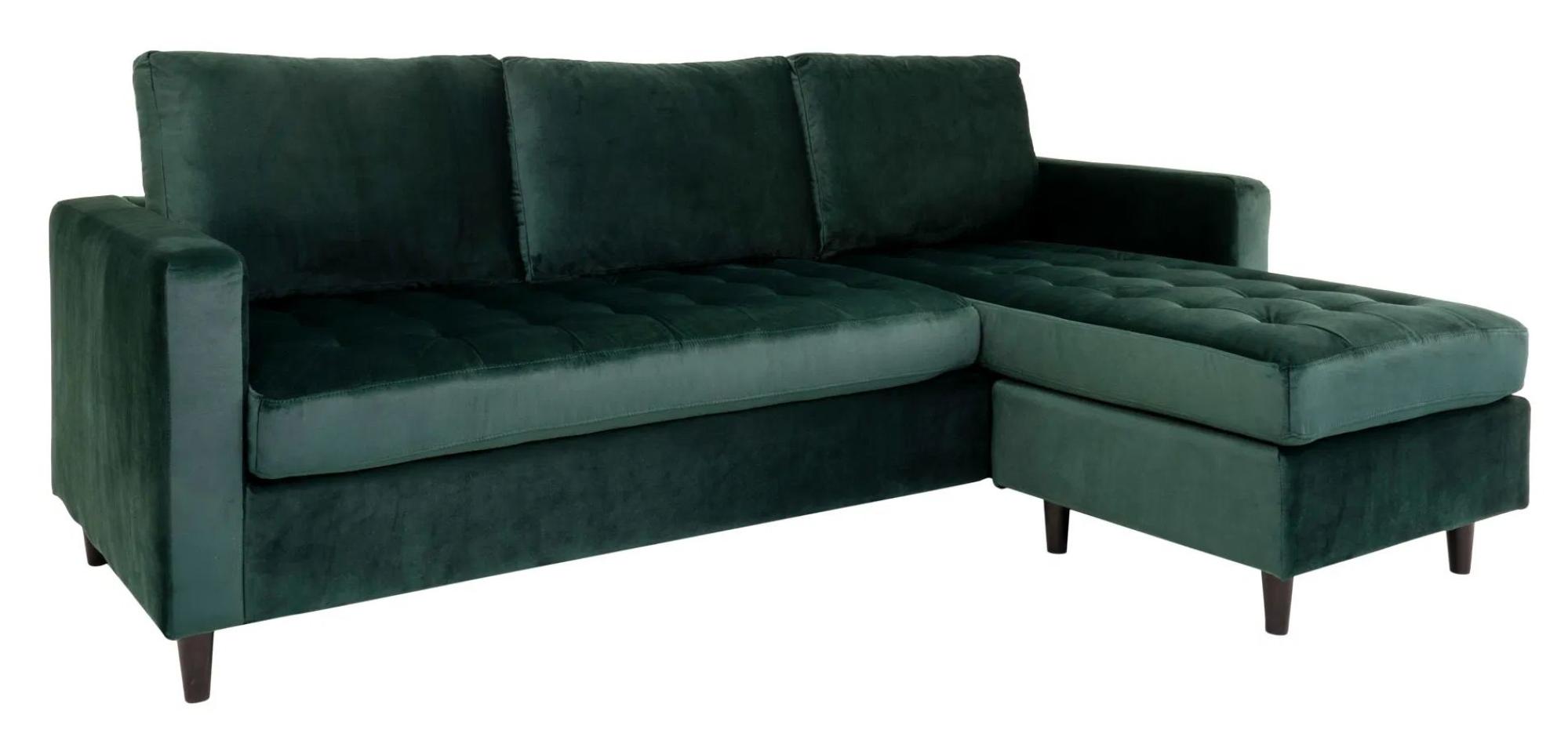 Product photograph of Almurta Green Velvet Fabric Right Hand Facing Lounge Sofa With Black Legs from Choice Furniture Superstore.