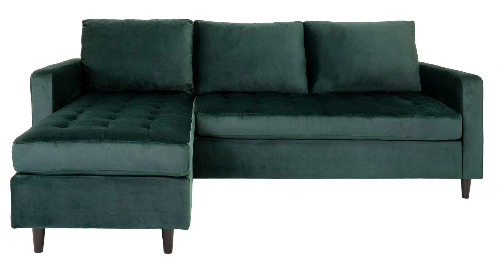 Product photograph of Almurta Green Velvet Fabric Right Hand Facing Lounge Sofa With Black Legs from Choice Furniture Superstore.