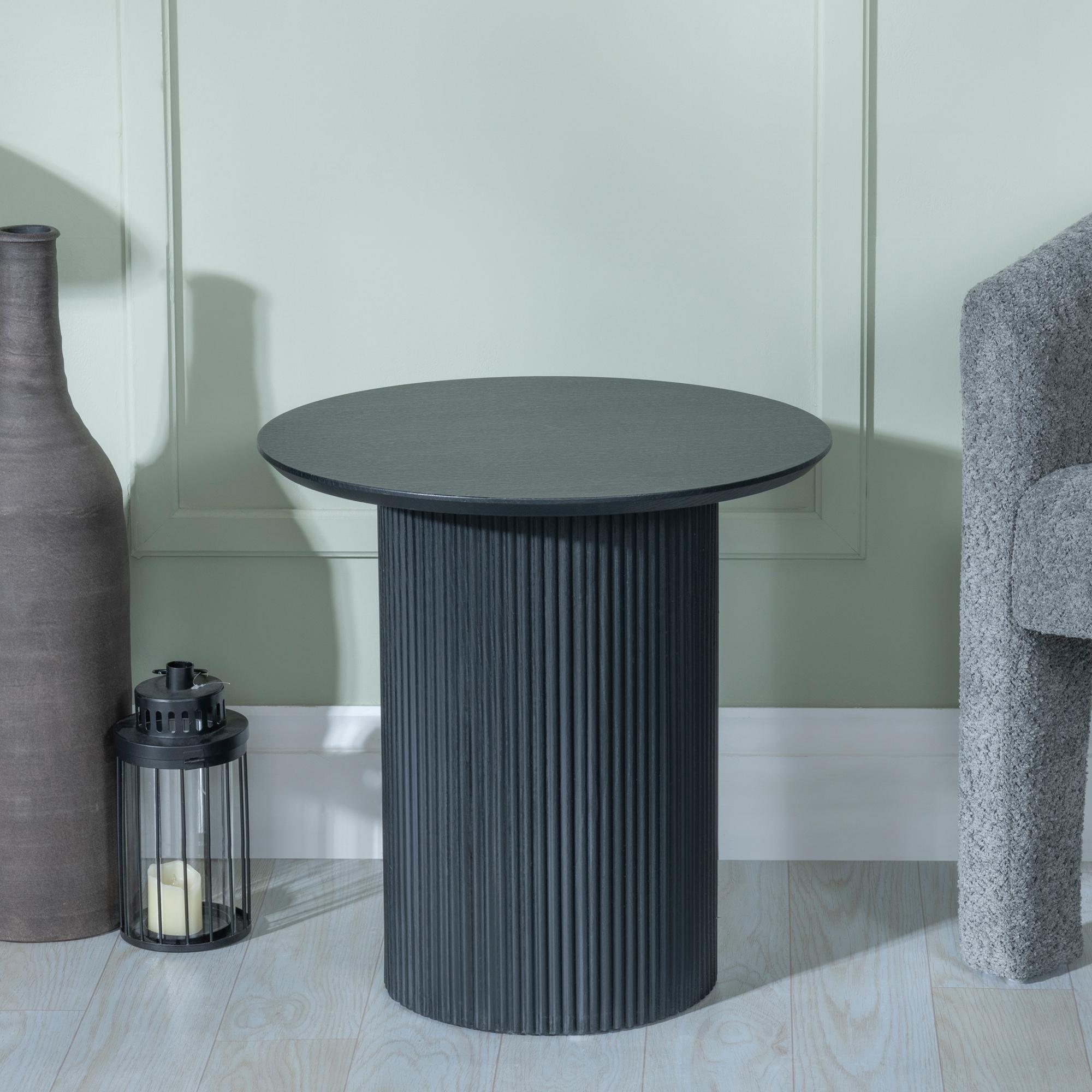 Product photograph of Bern Fluted Black Round End Table With Drum Base from Choice Furniture Superstore.