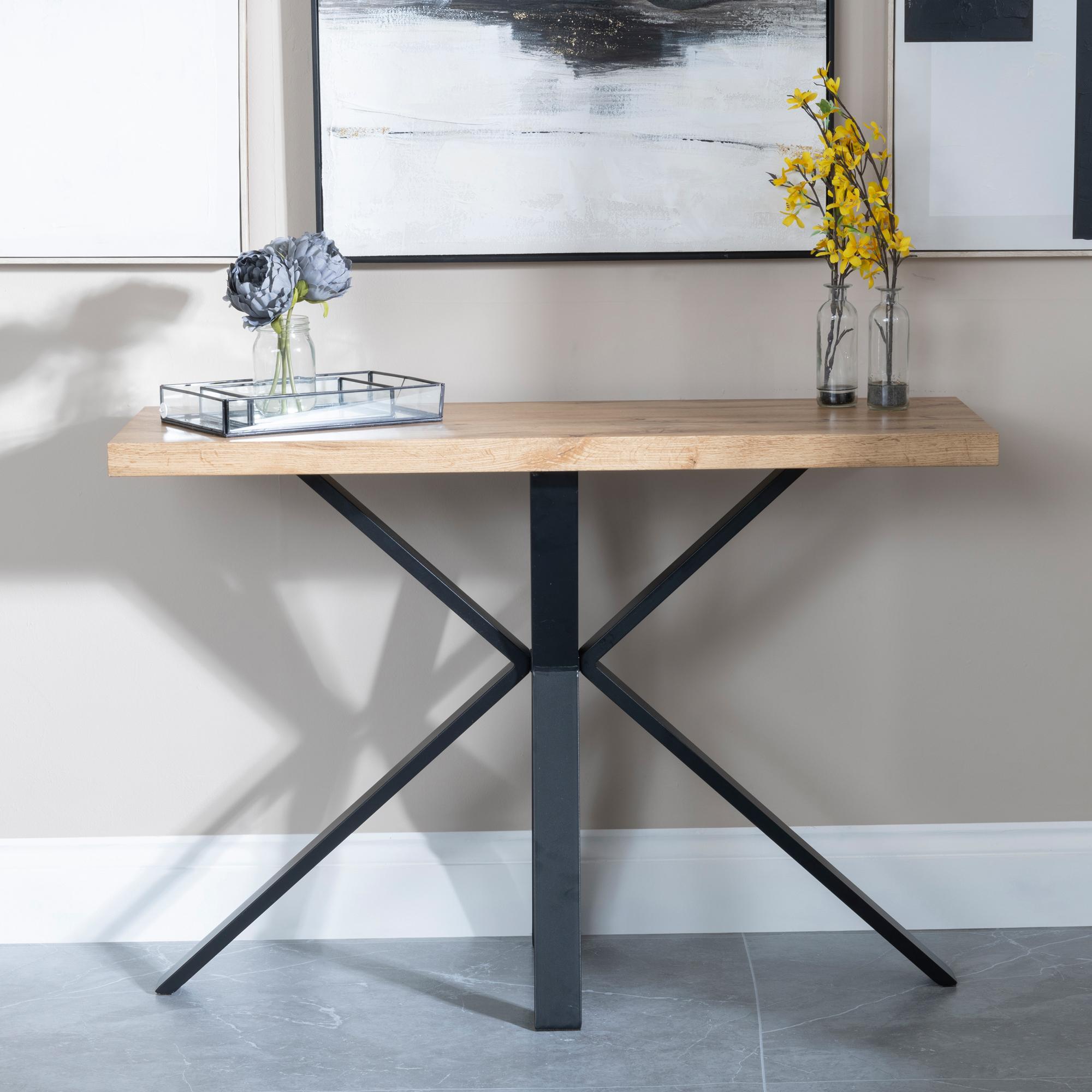 Product photograph of Ezra Industrial Oak Effect Console Table With Black Spider Legs from Choice Furniture Superstore.