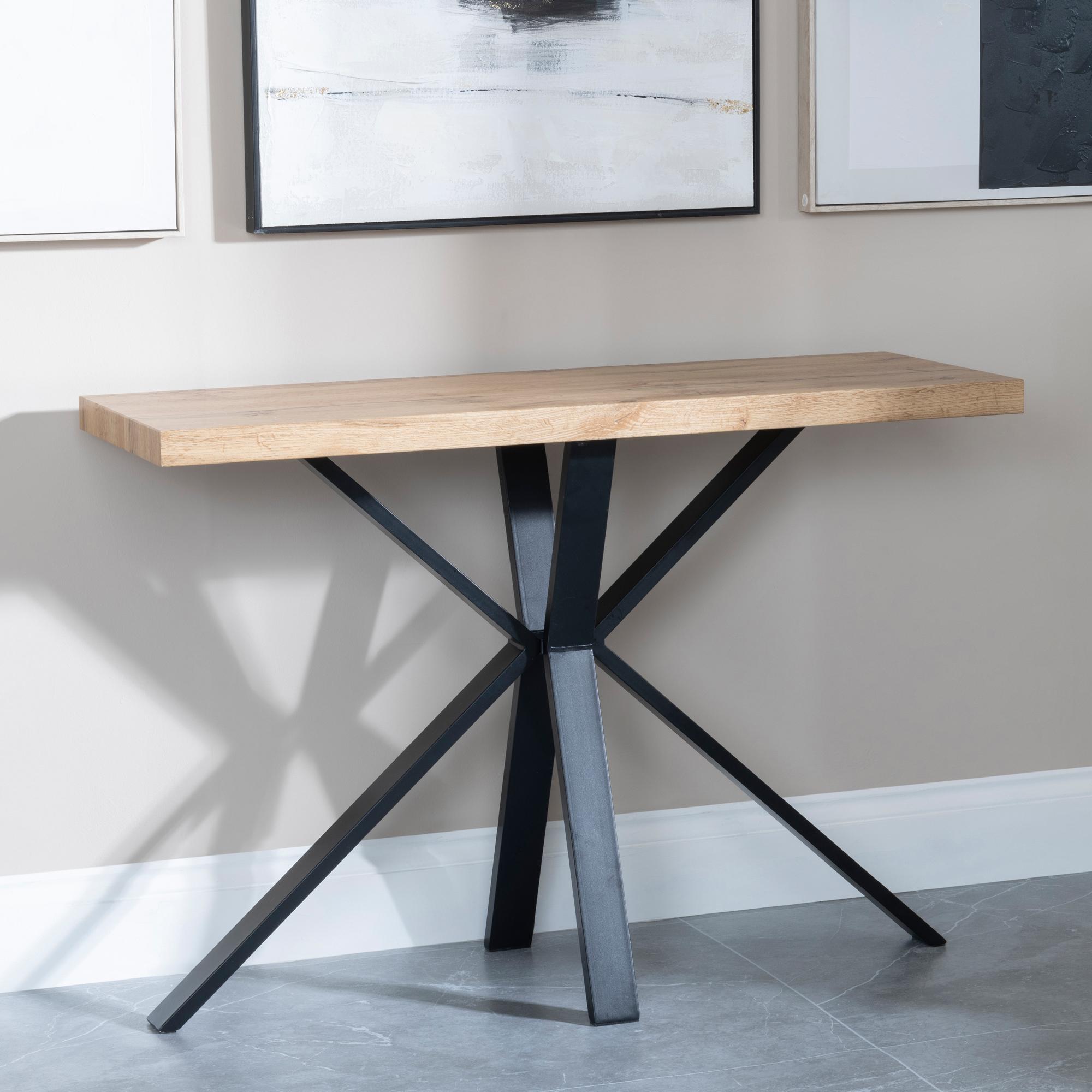 Product photograph of Ezra Industrial Oak Effect Console Table With Black Spider Legs from Choice Furniture Superstore.