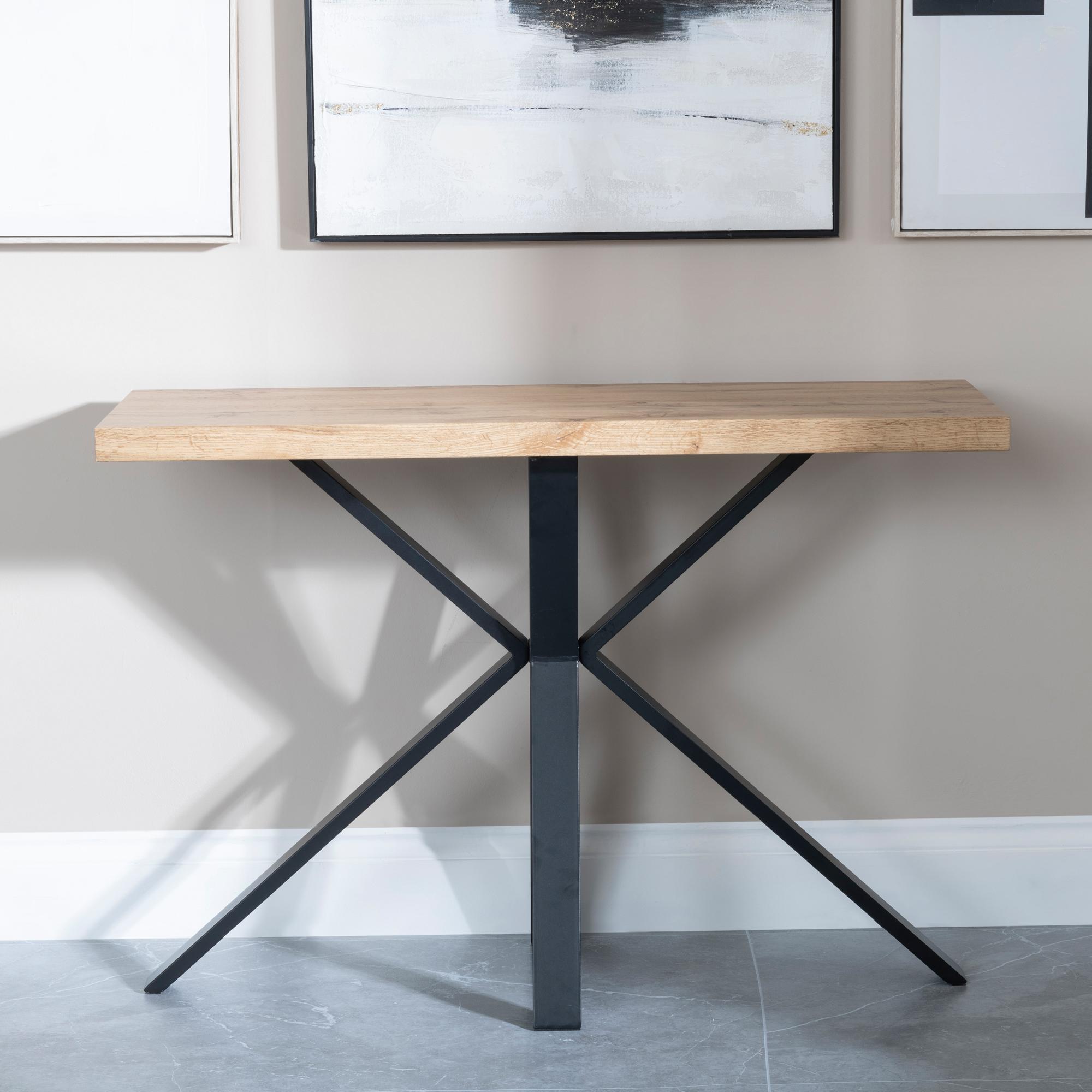 Product photograph of Ezra Industrial Oak Effect Console Table With Black Spider Legs from Choice Furniture Superstore.
