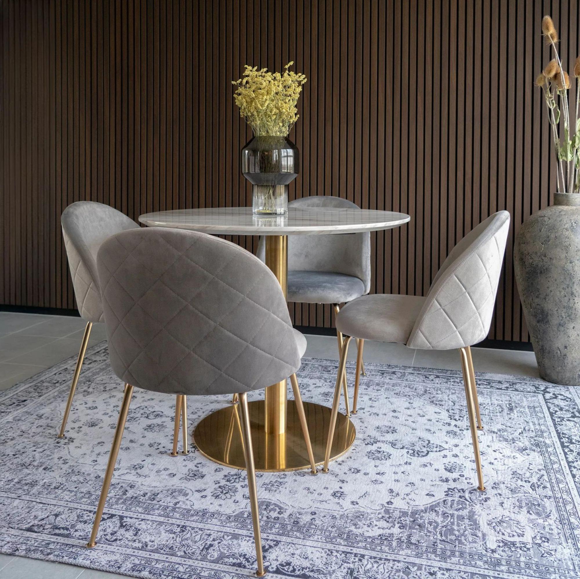 Product photograph of Raymond White And Gold Round Dining Set With 4 Yardville Grey Chair With Gold Legs from Choice Furniture Superstore.