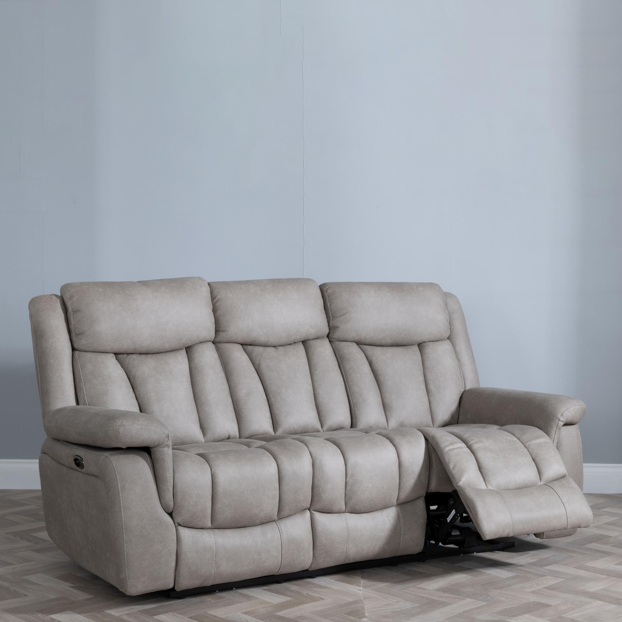 Product photograph of Dylan Sandstone Fabric Electric Recliner Sofa Set from Choice Furniture Superstore.