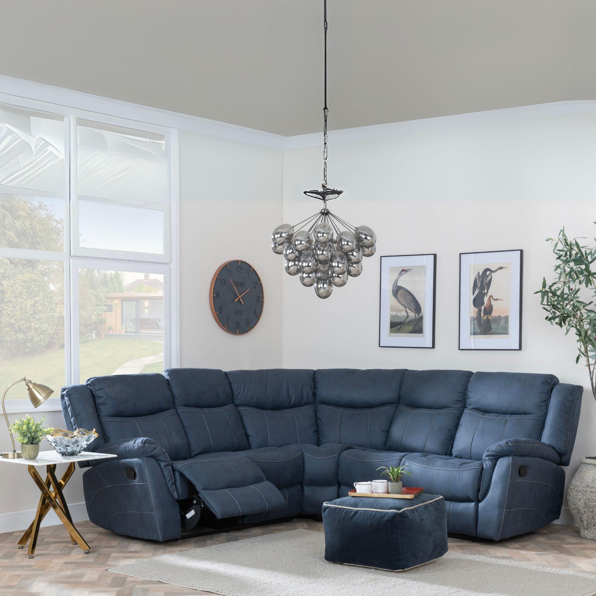 Product photograph of Hilbert Denim Blue Fabric Recliner Corner Sofa from Choice Furniture Superstore.