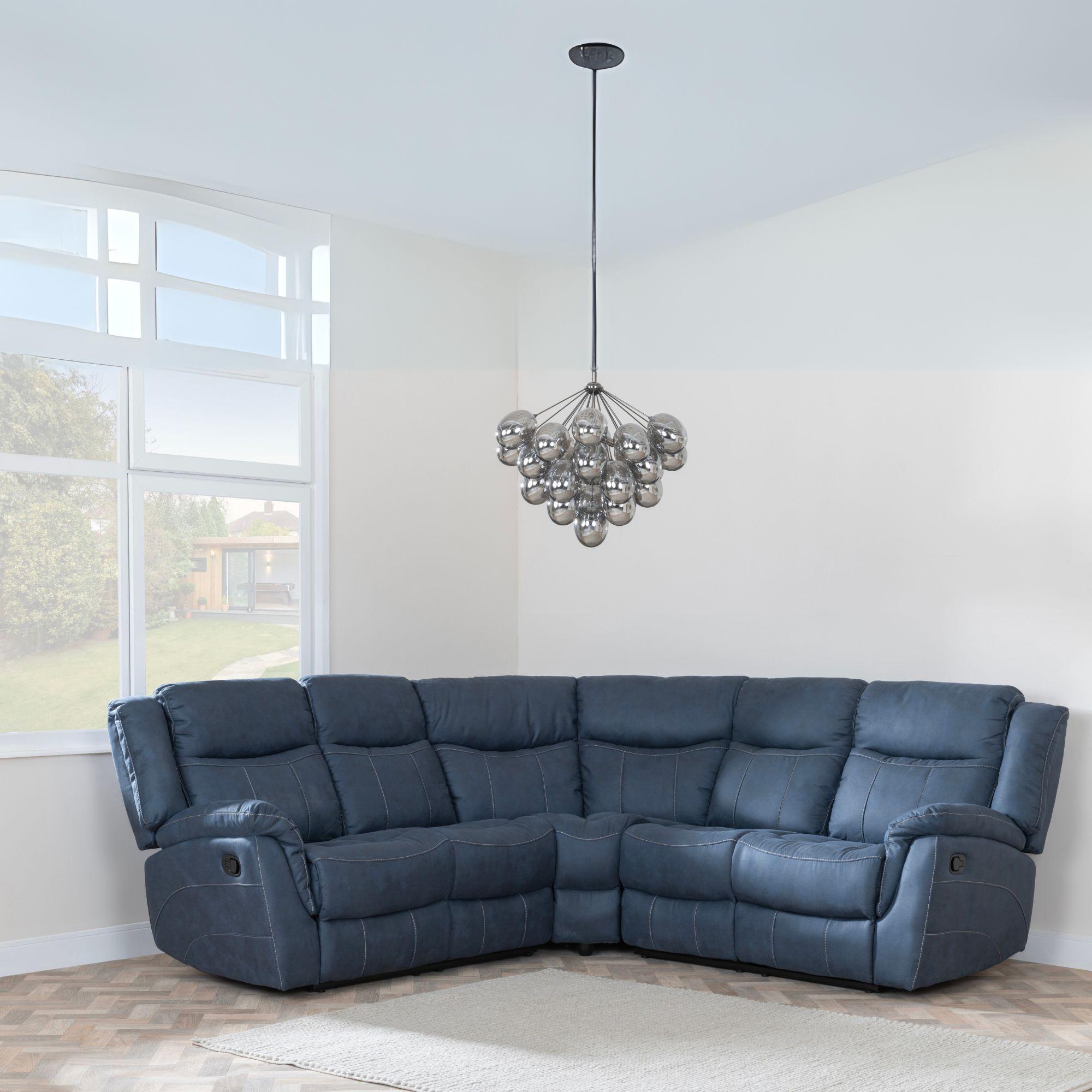 Product photograph of Hilbert Denim Blue Fabric Recliner Corner Sofa from Choice Furniture Superstore.