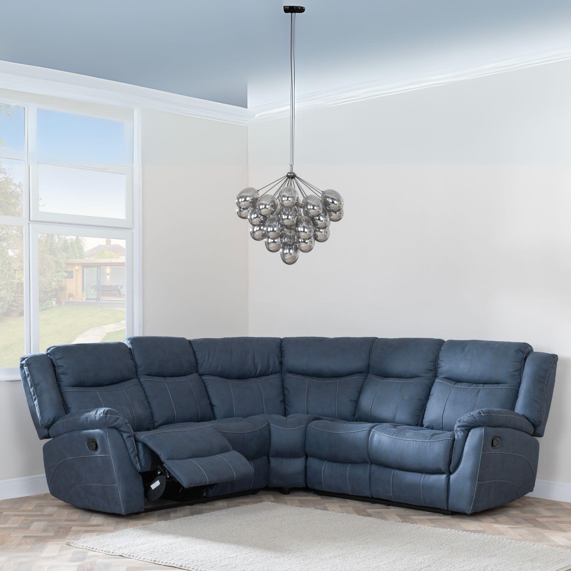 Product photograph of Hilbert Denim Blue Fabric Recliner Corner Sofa from Choice Furniture Superstore.