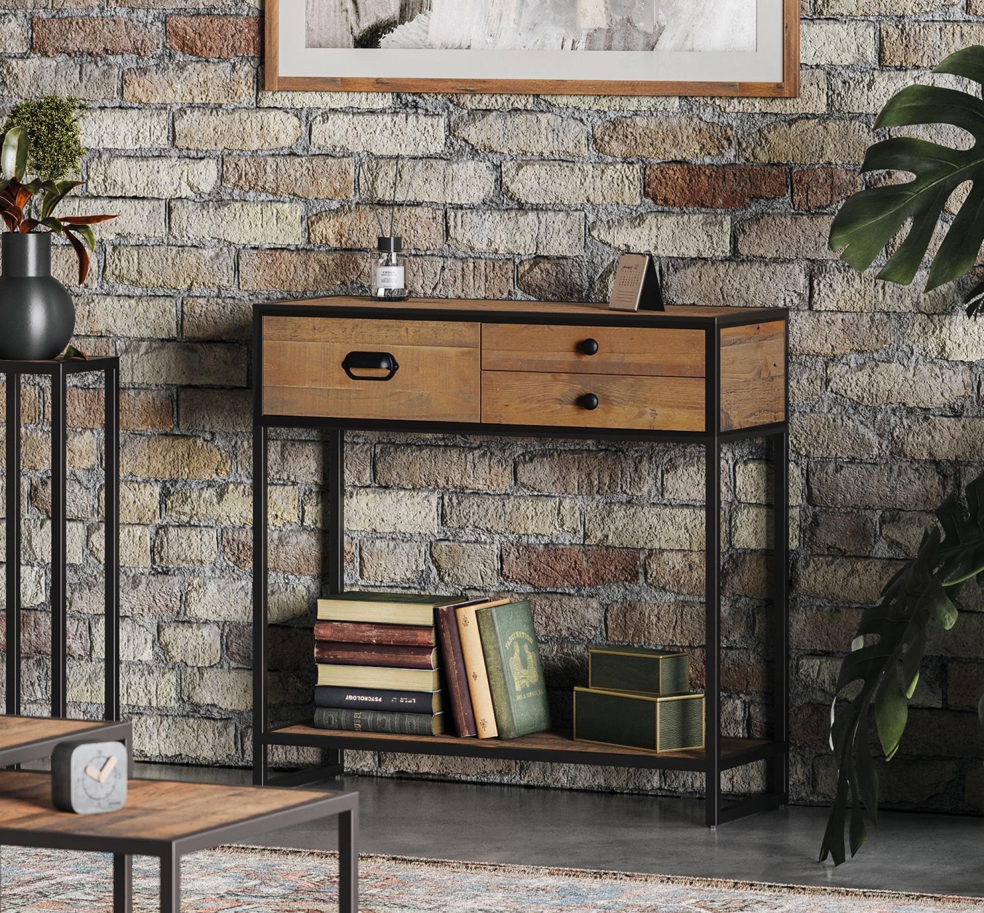 Product photograph of Ooki Reclaimed Wood 3 Drawer Console Table from Choice Furniture Superstore.