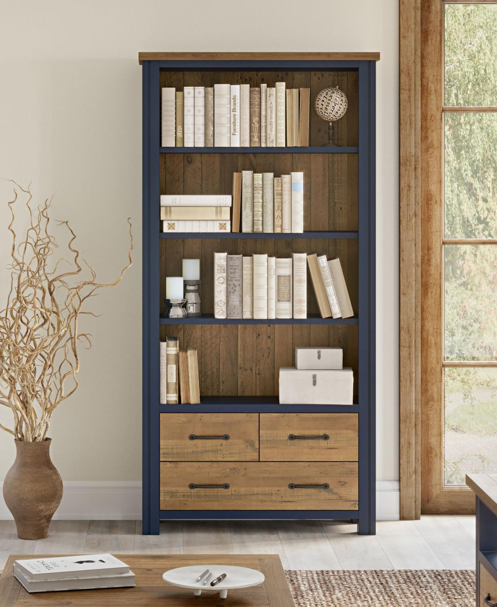 Product photograph of Splash Of Blue Large Open Bookcase - 3 Drawers from Choice Furniture Superstore.