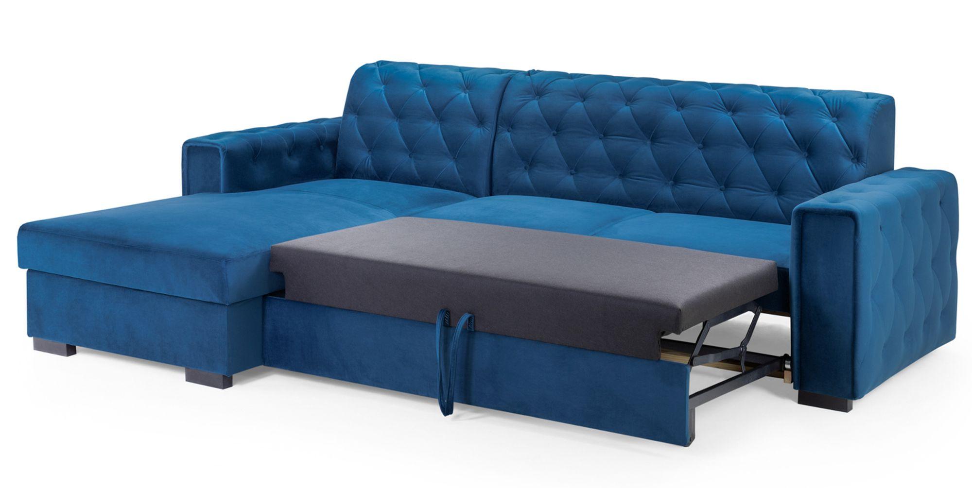 Product photograph of Reva Blue Fabric Left Hand Facing Pull Out Corner Sofabed With Storage from Choice Furniture Superstore.