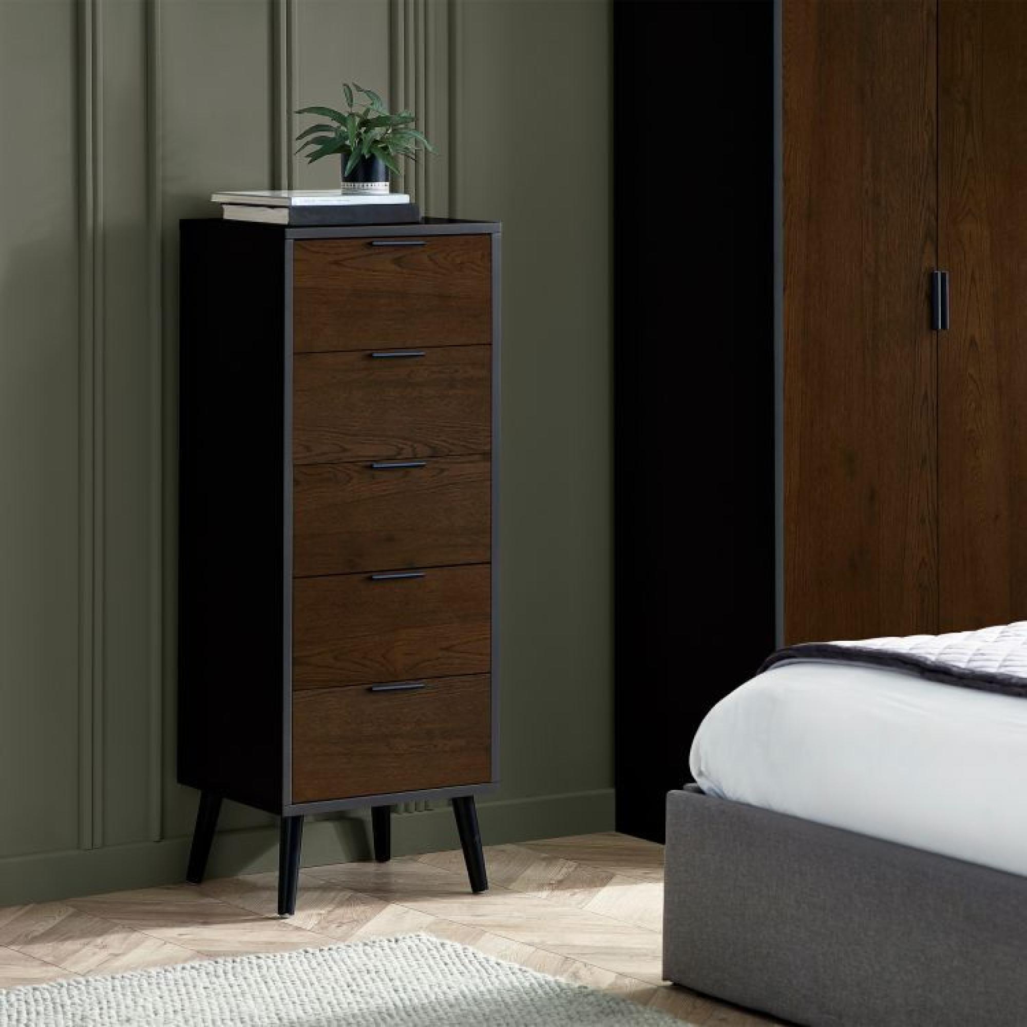 Product photograph of Alba Black And Walnut 5 Drawer Narrow Chest from Choice Furniture Superstore.