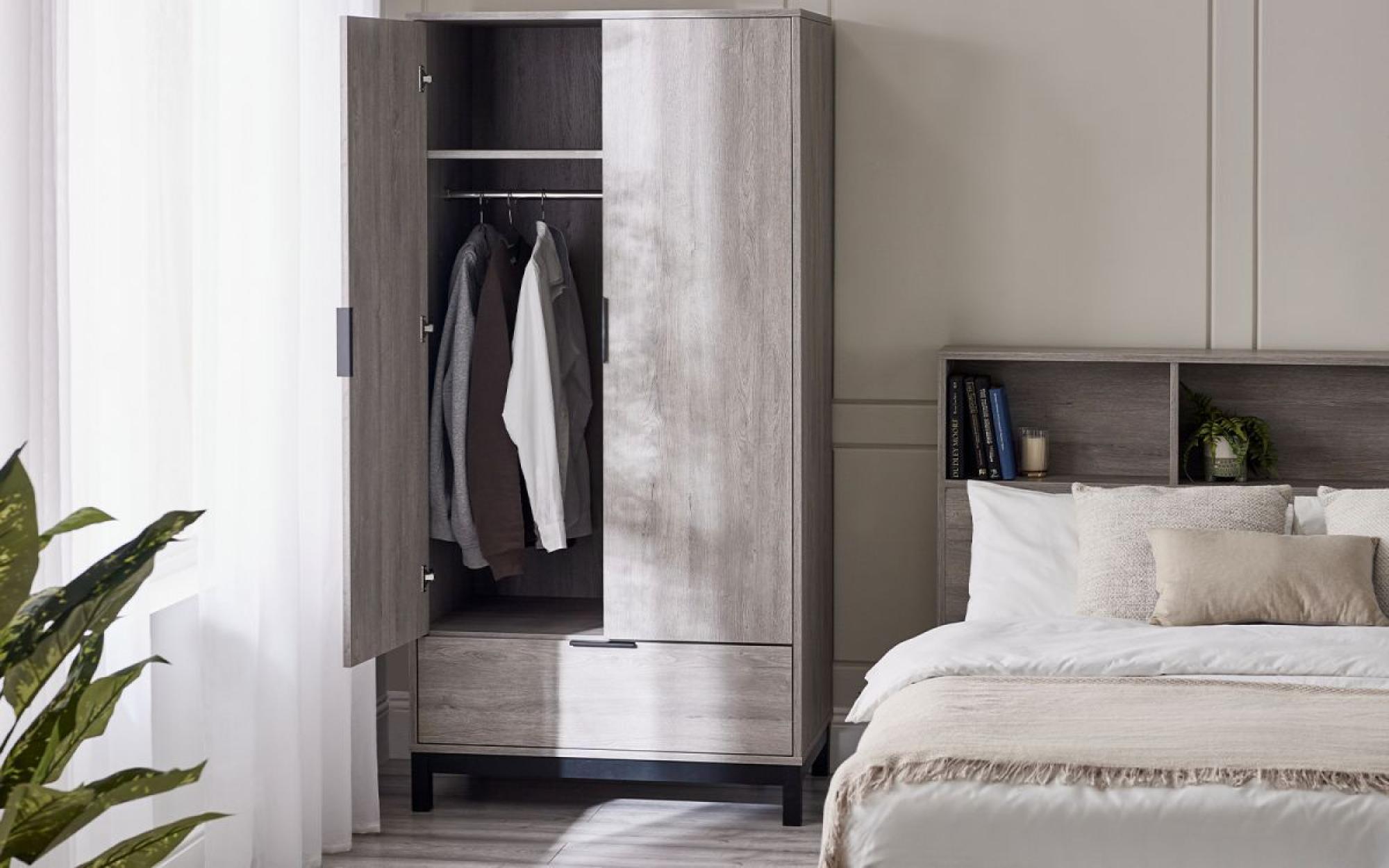 Product photograph of Bali Grey Oak 2 Door 1 Drawer Double Wardrobe from Choice Furniture Superstore.