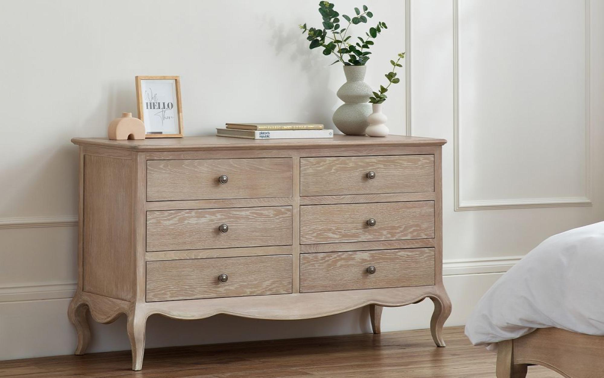 Product photograph of Camille Oak French Style 6 Drawer Wide Chest from Choice Furniture Superstore.