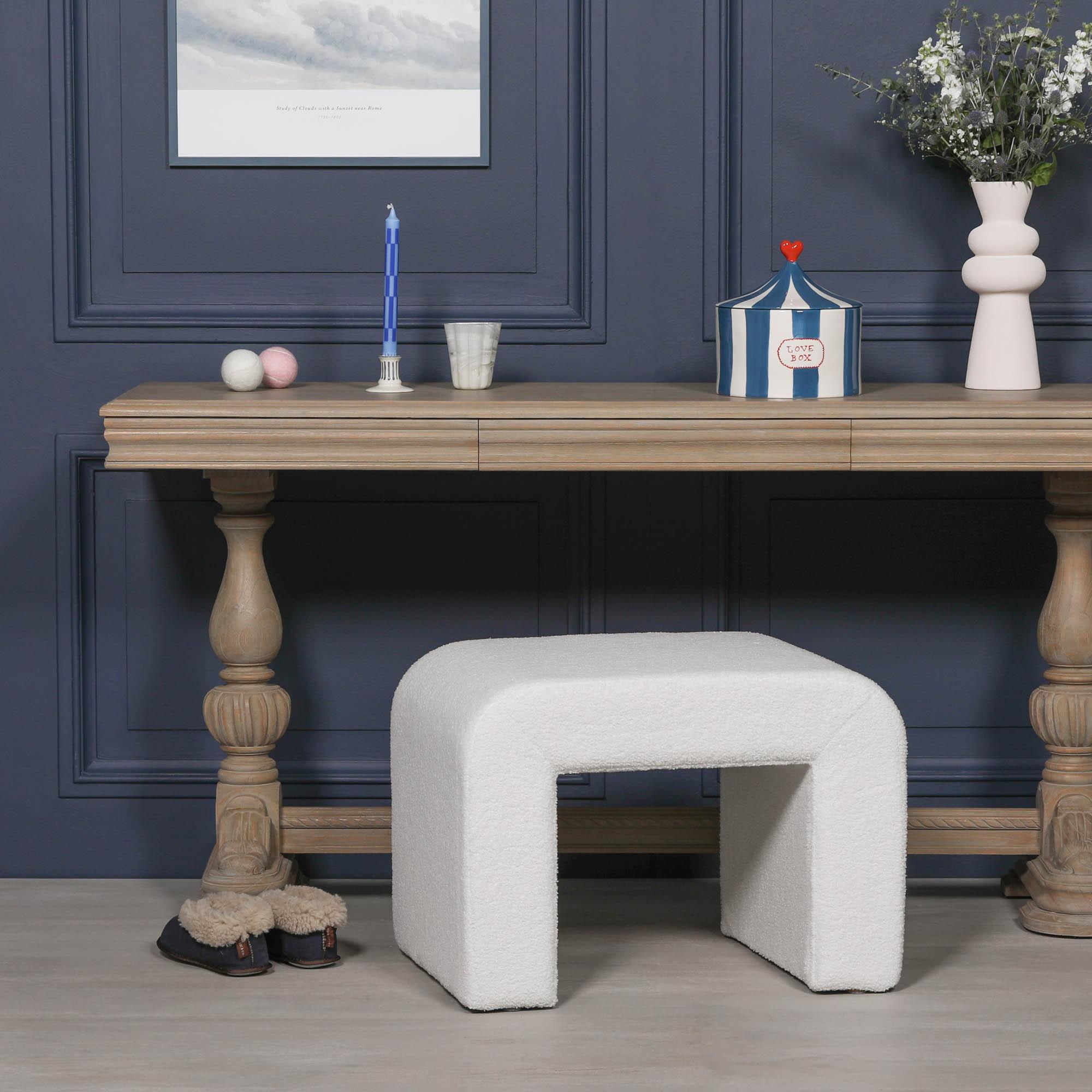 Product photograph of White Boucle Upholstered Arch Stool from Choice Furniture Superstore.