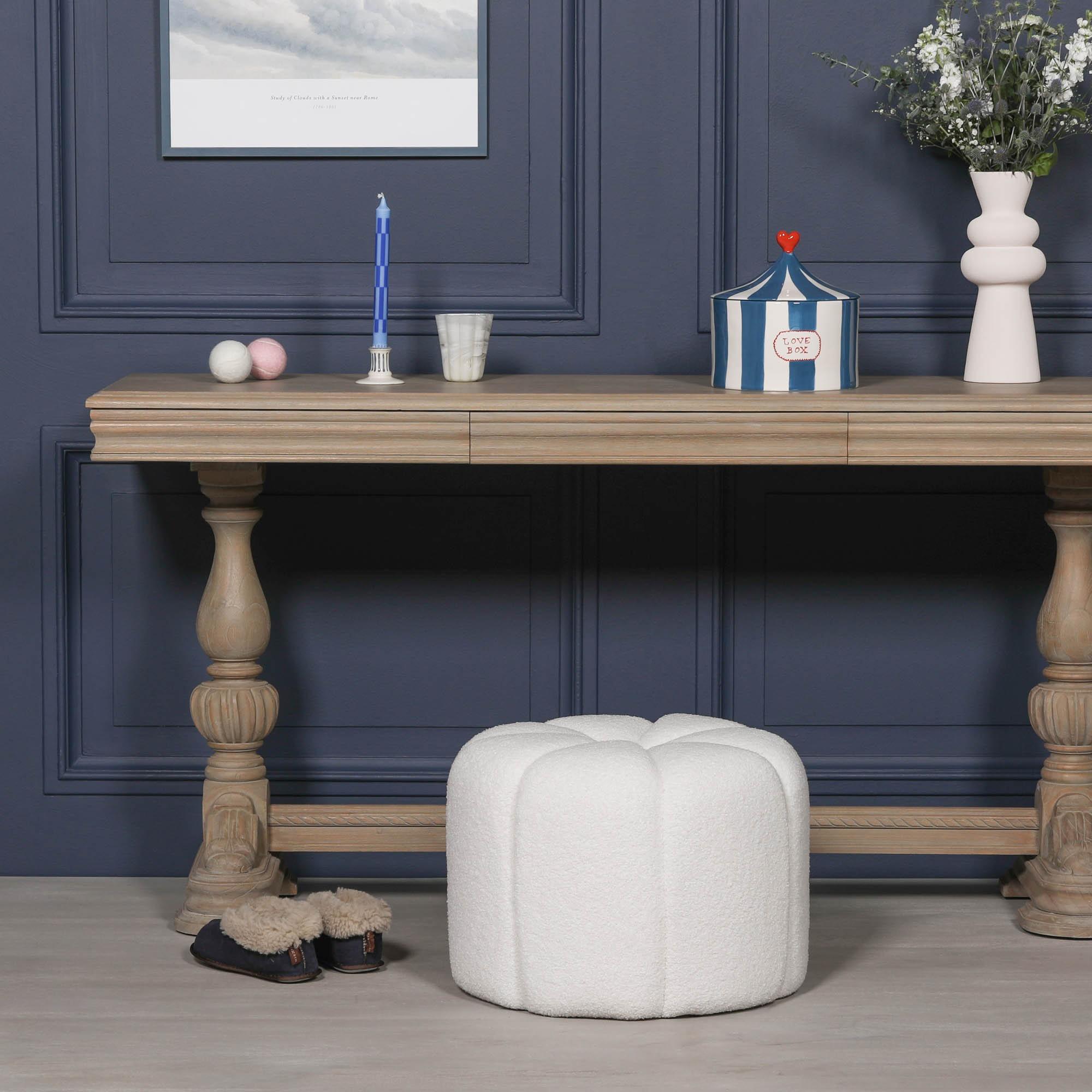 Product photograph of White Boucle Fabric Petal Round Stool from Choice Furniture Superstore.