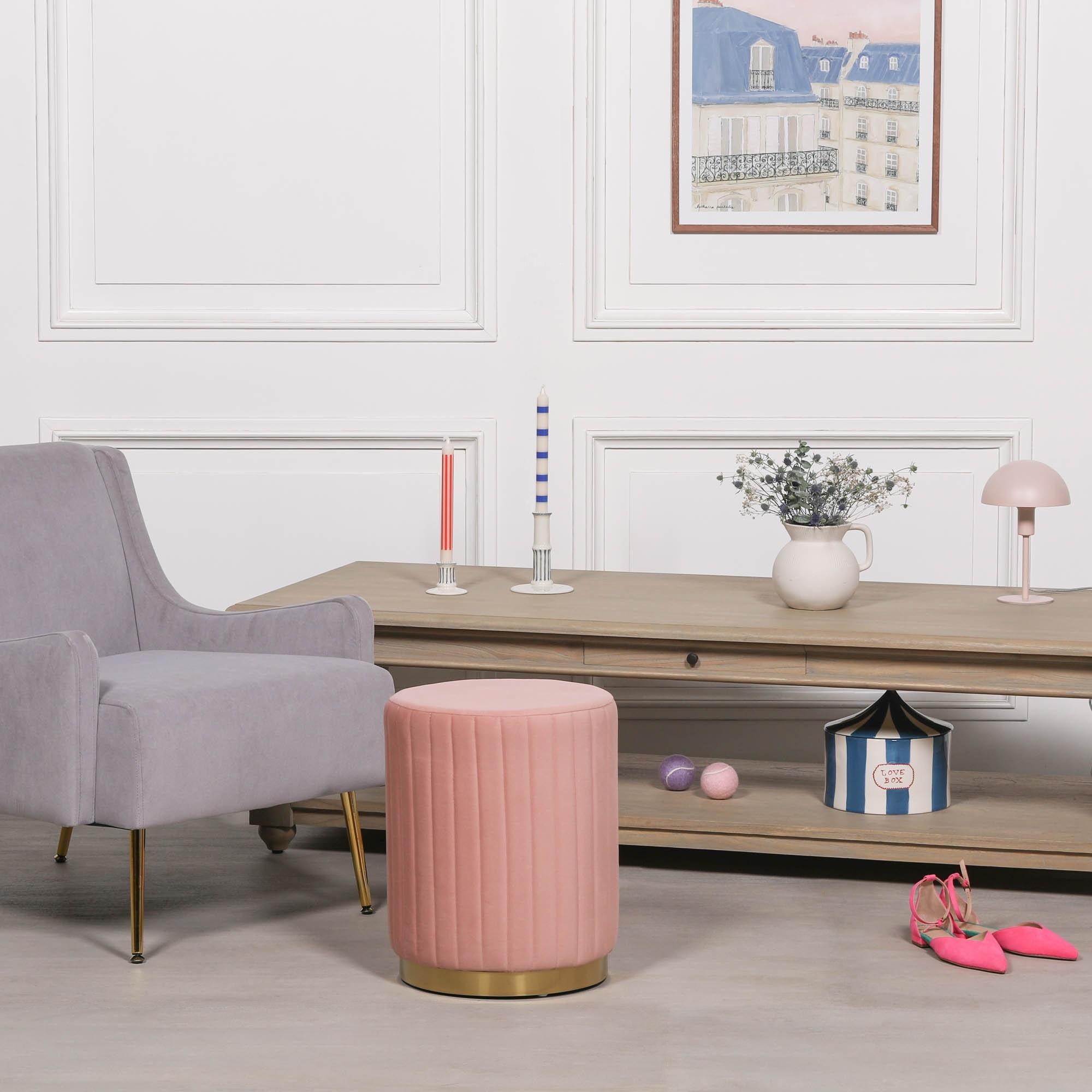 Product photograph of Pink Velvet Fabric Ribbed Round Stool from Choice Furniture Superstore.