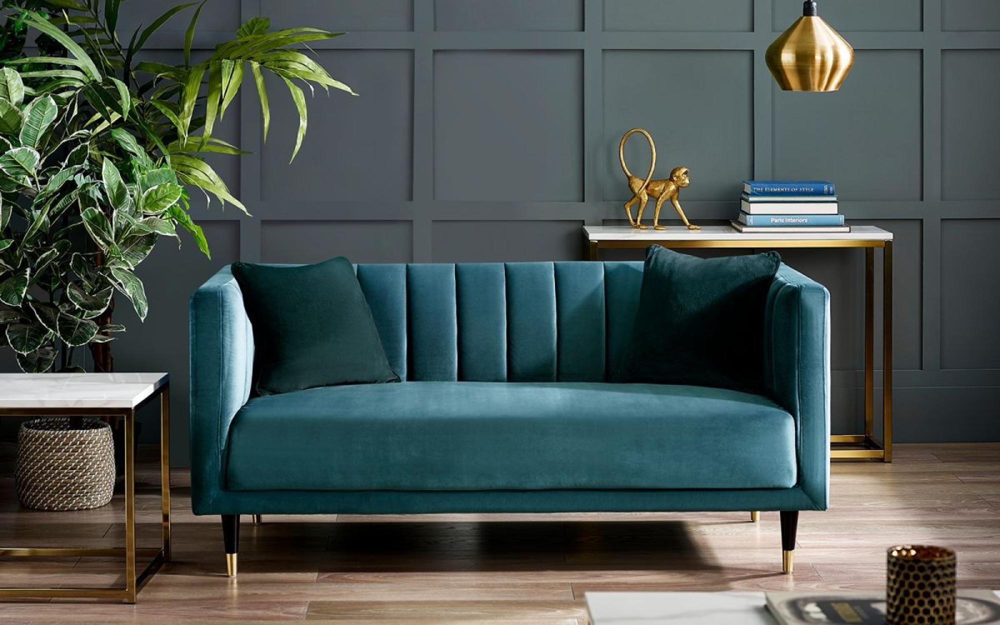 Product photograph of Salma Teal Fabric Scalloped Back 2 Seater from Choice Furniture Superstore.