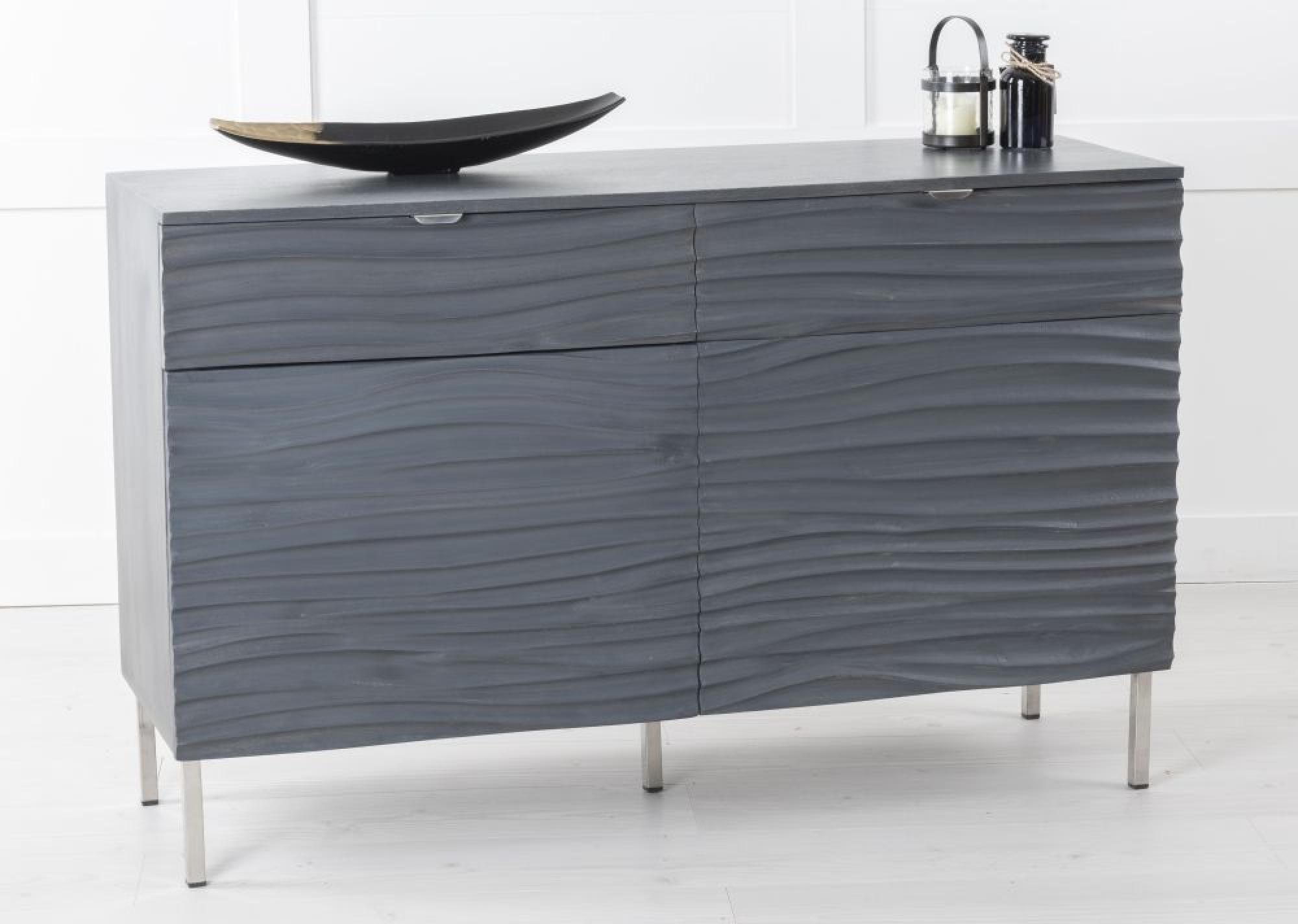 Product photograph of Clearance - Ripple Grey Wave Mango Wood 120cm Small Sideboard With Black Geometric Trim - 2 Doors - Brand New Item from Choice Furniture Superstore.