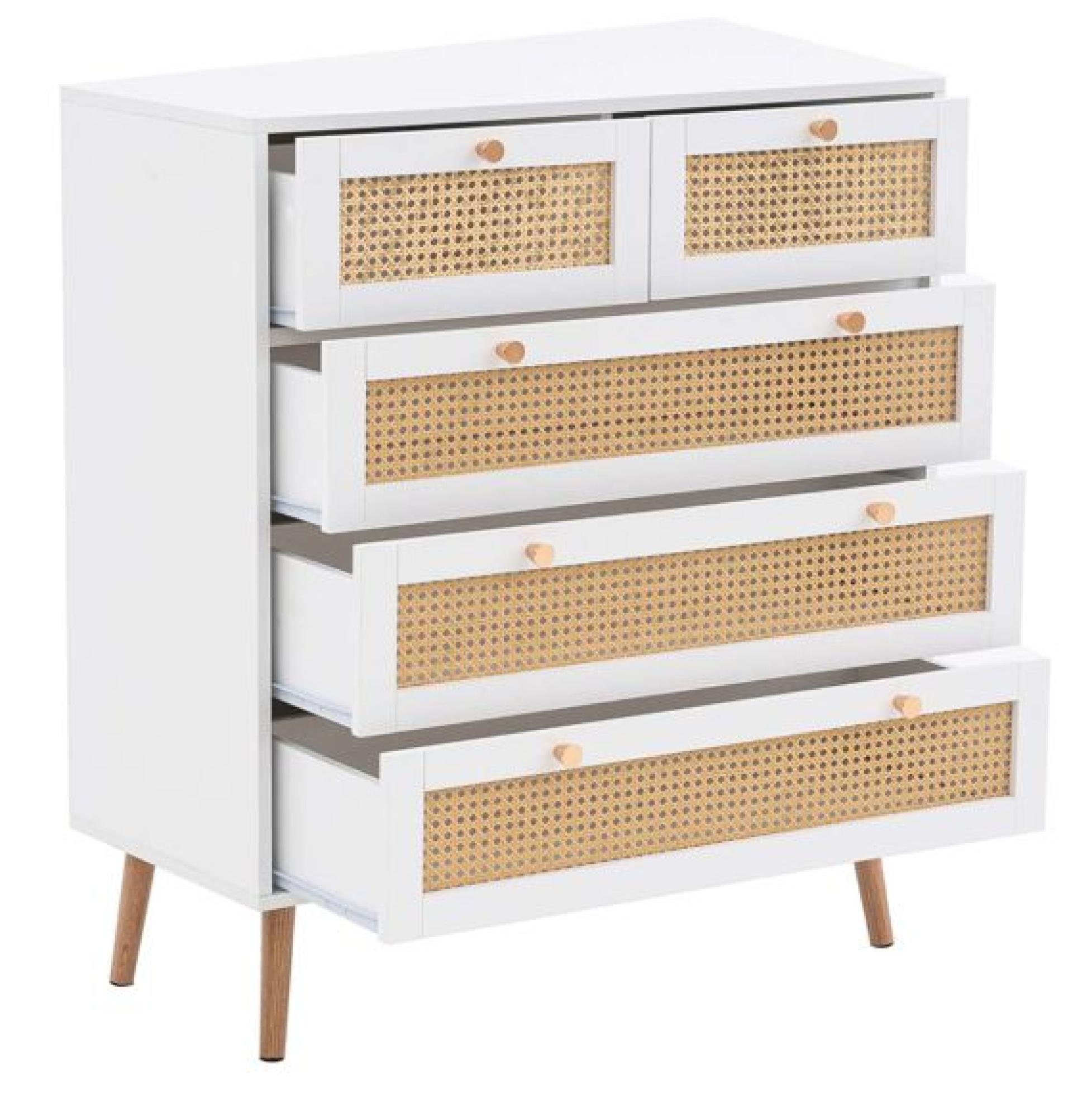 Product photograph of Croxley White And Rattan 5 Drawer Chest from Choice Furniture Superstore.