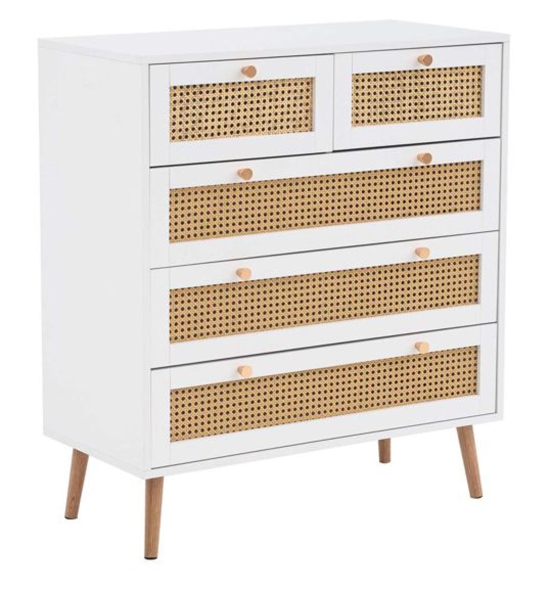 Product photograph of Croxley White And Rattan 5 Drawer Chest from Choice Furniture Superstore.
