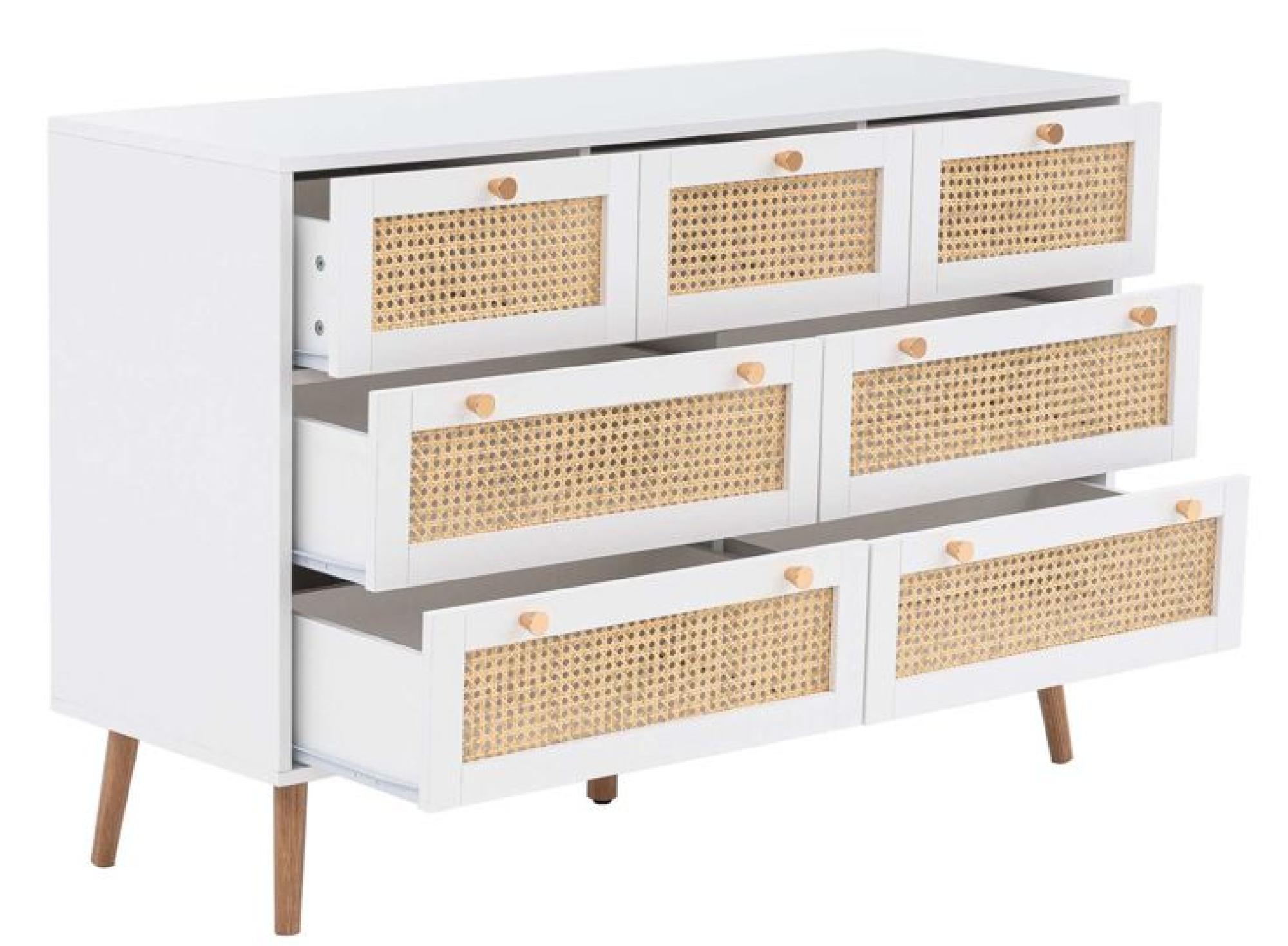Product photograph of Croxley White And Rattan 7 Drawer Chest from Choice Furniture Superstore.