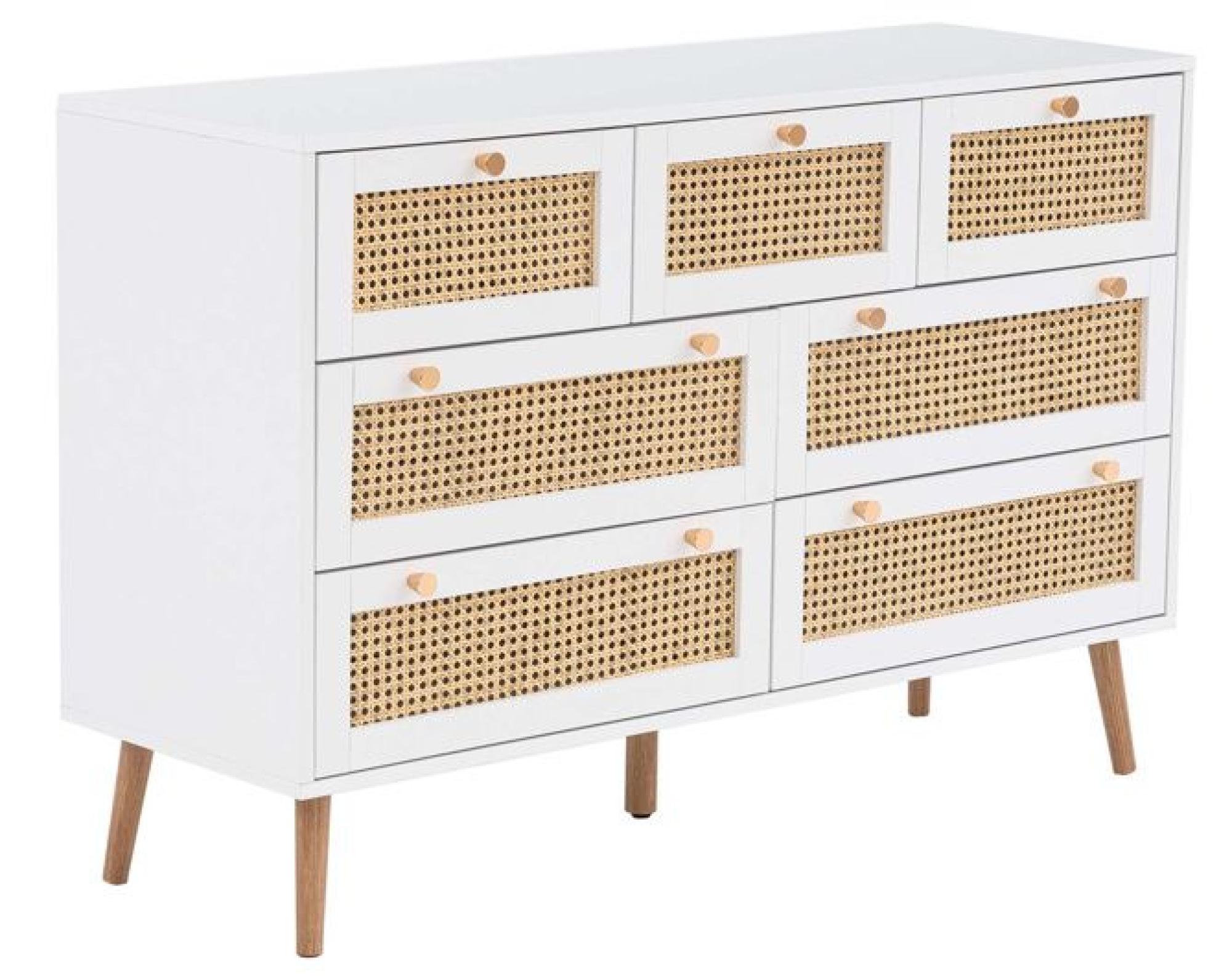 Product photograph of Croxley White And Rattan 7 Drawer Chest from Choice Furniture Superstore.