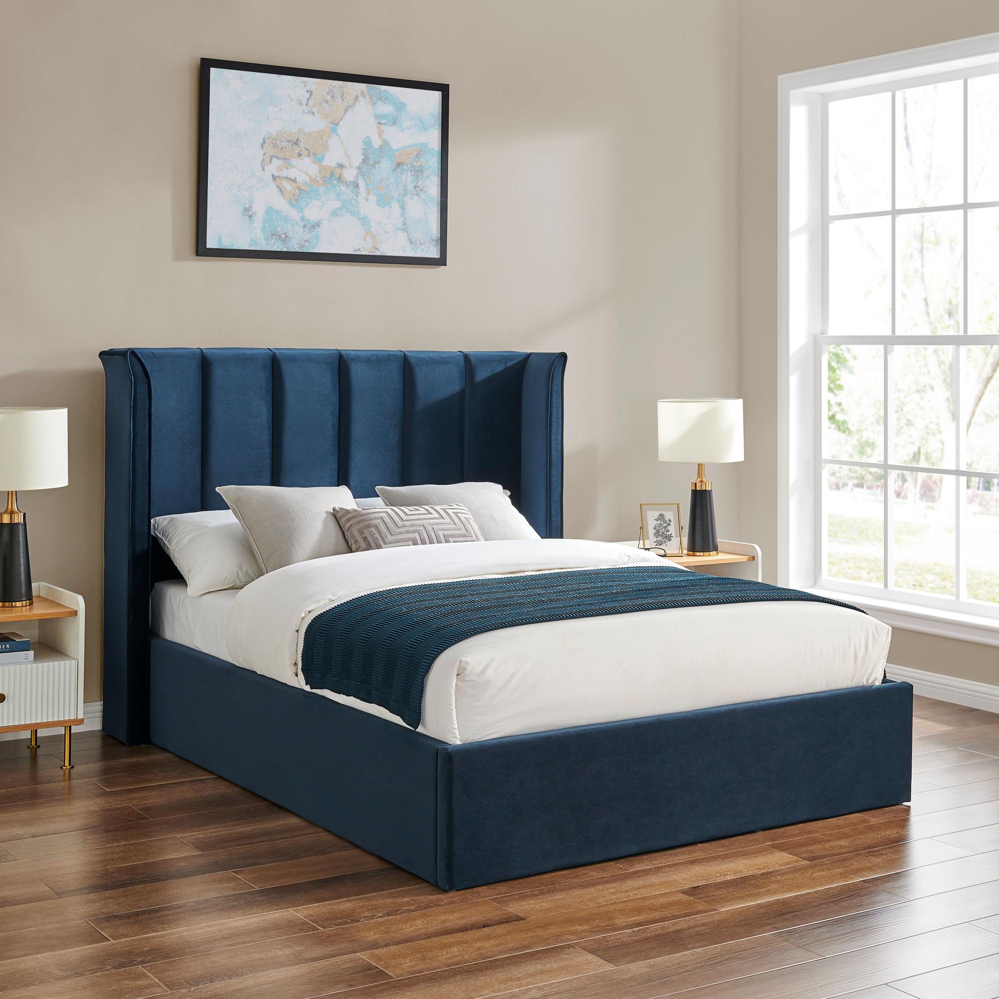 Product photograph of Polaris Navy Blue Fabric Ottoman Bed - Sizes Available from Choice Furniture Superstore.